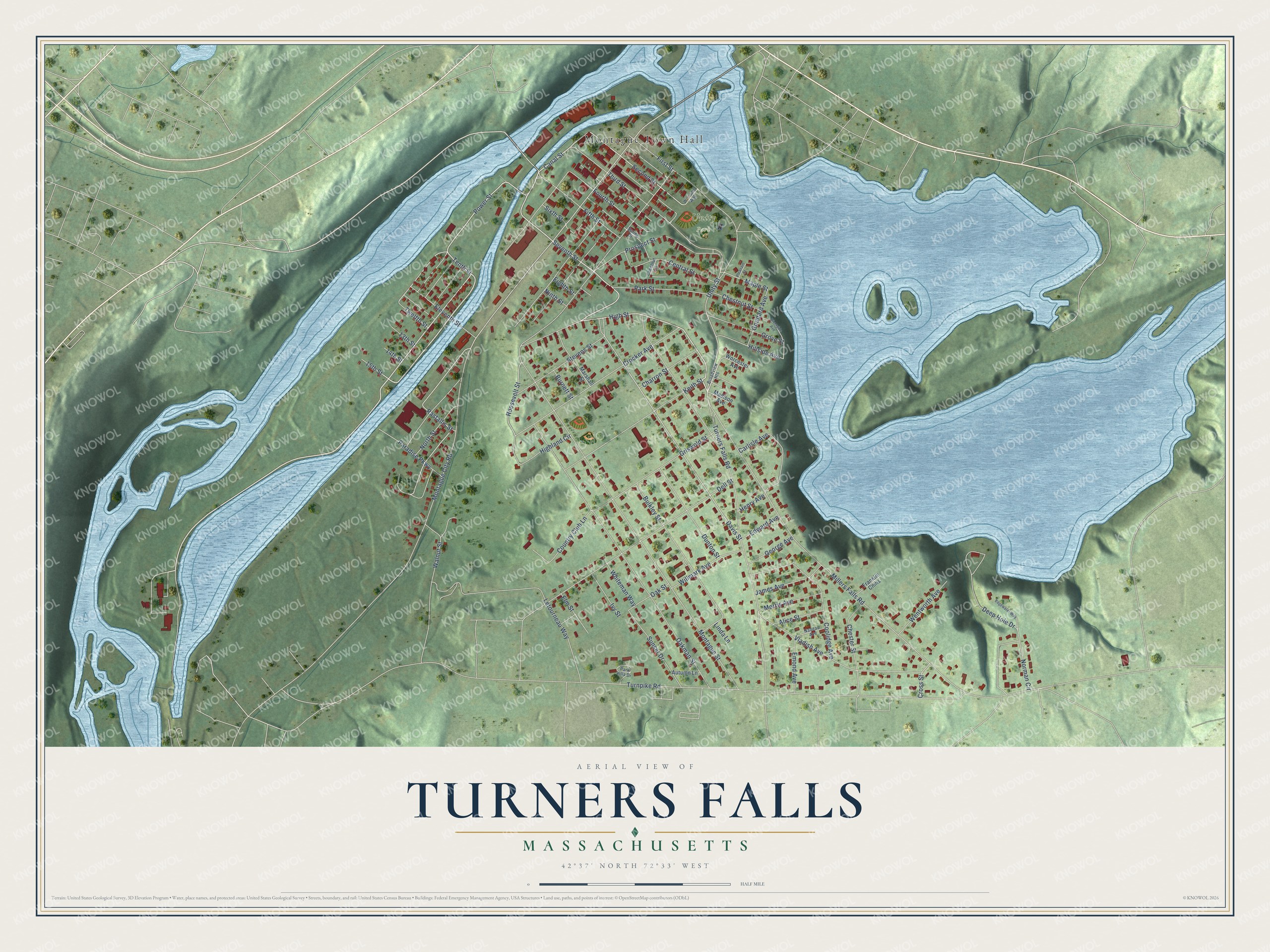 Full map of Turners Falls, Massachusetts, with red buildings, printed street names and the land around them