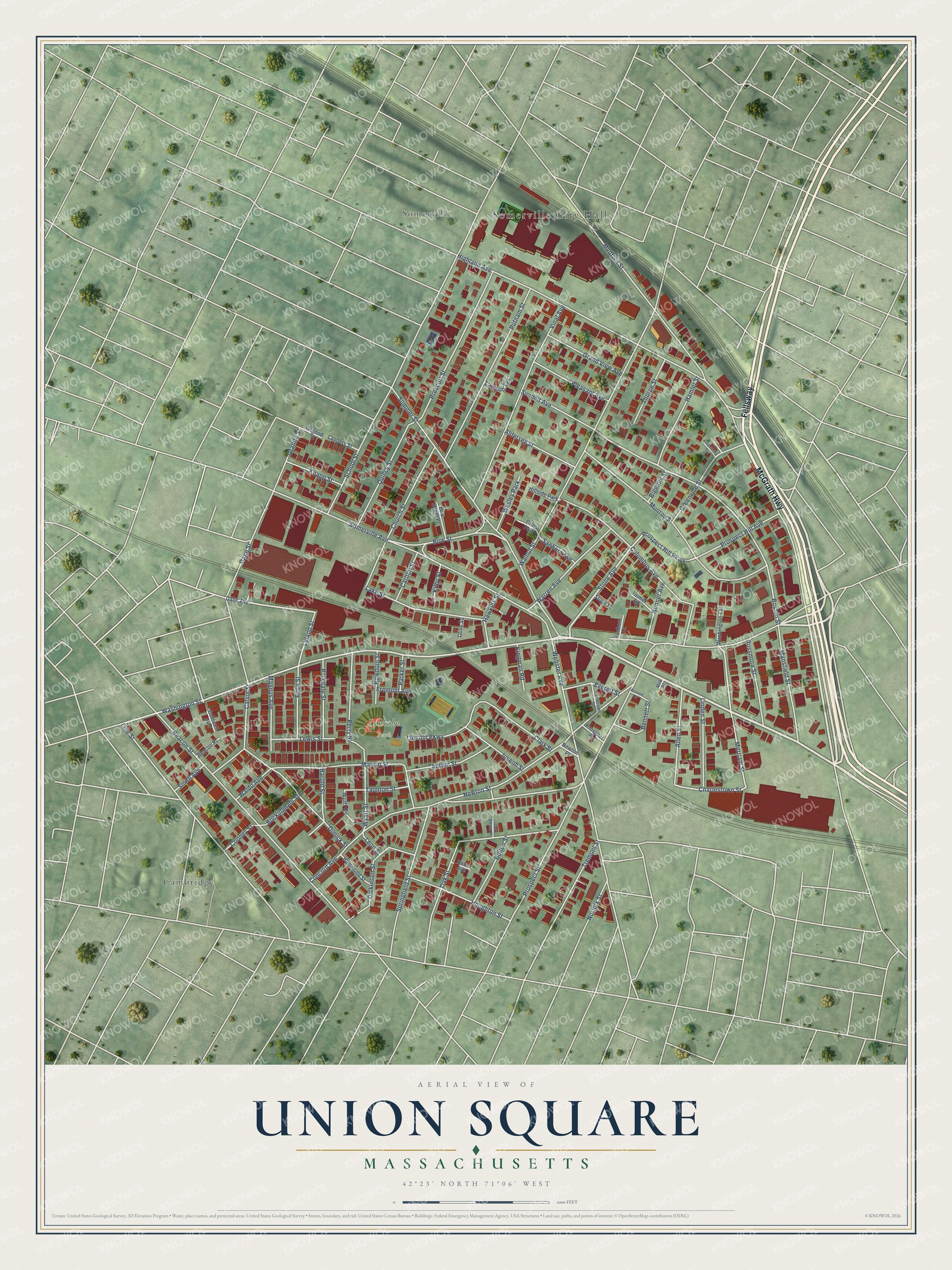 Full map of Union Square, Massachusetts, with red buildings, printed street names and the land around them