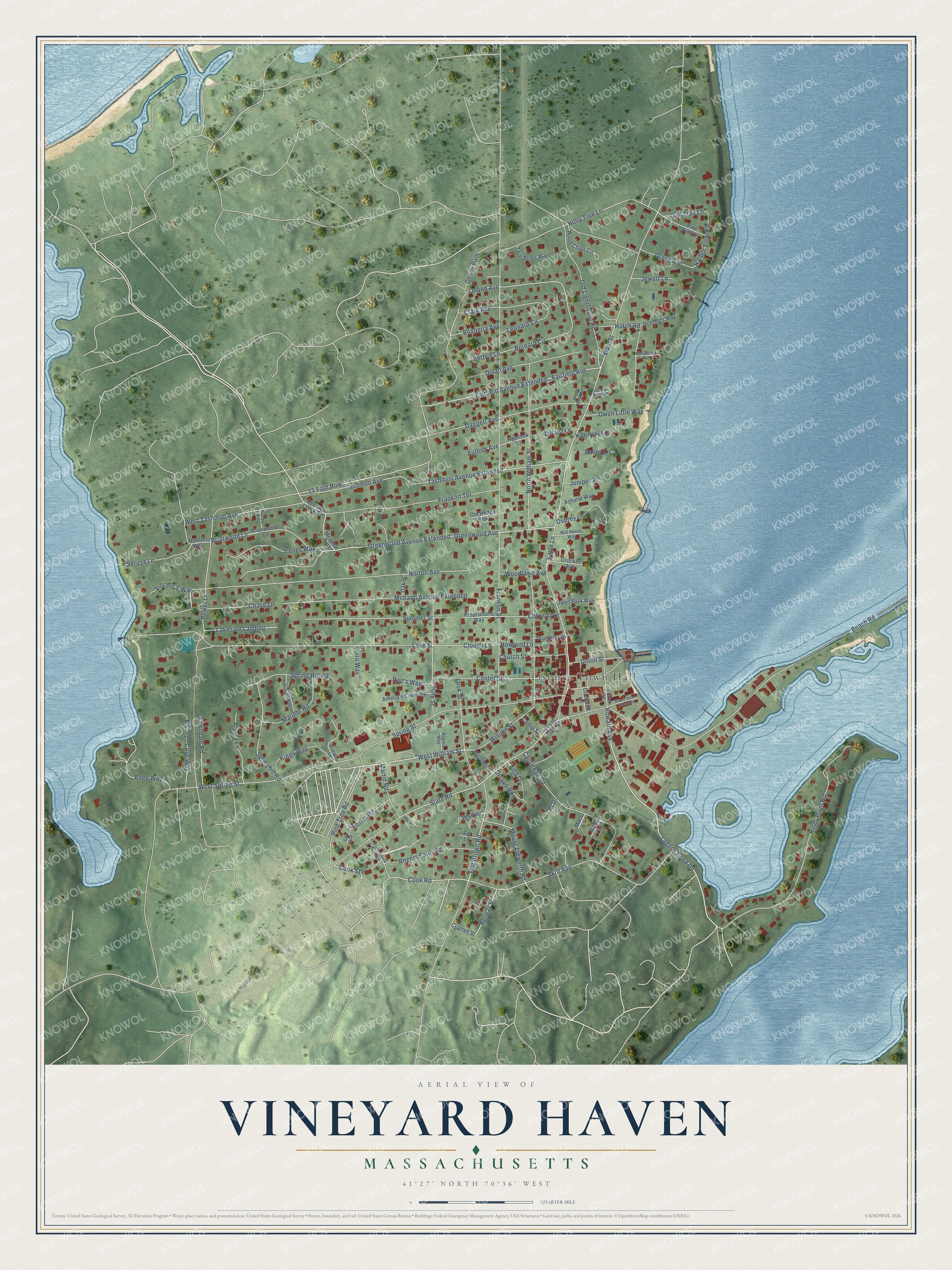 Full map of Vineyard Haven, Massachusetts, with red buildings, printed street names and the land around them