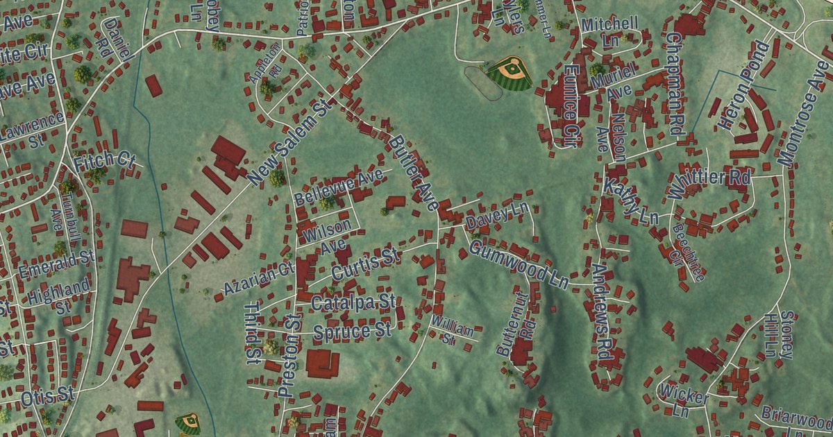 Close-up of streets and buildings in Wakefield, Massachusetts
