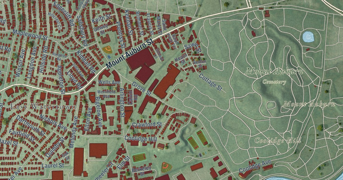 Close-up of streets and buildings in Watertown, Massachusetts