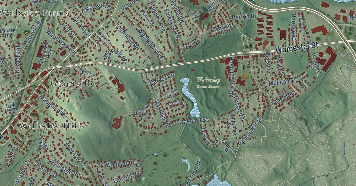 Close-up of streets and buildings in Wellesley, Massachusetts
