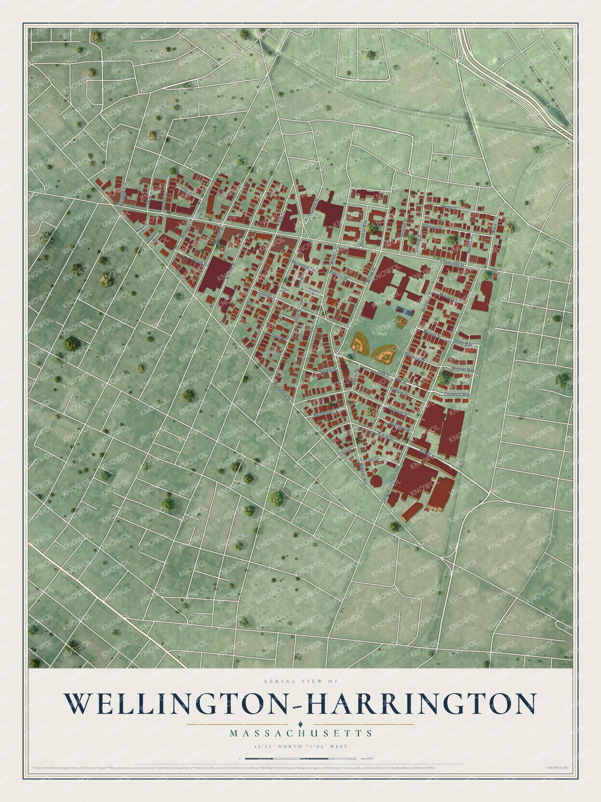 Full map of Wellington-Harrington, Massachusetts, with red buildings, printed street names and the land around them