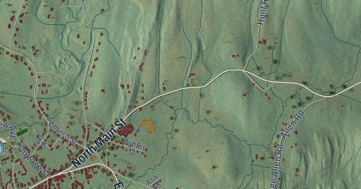 Close-up of streets and buildings in West Brookfield, Massachusetts