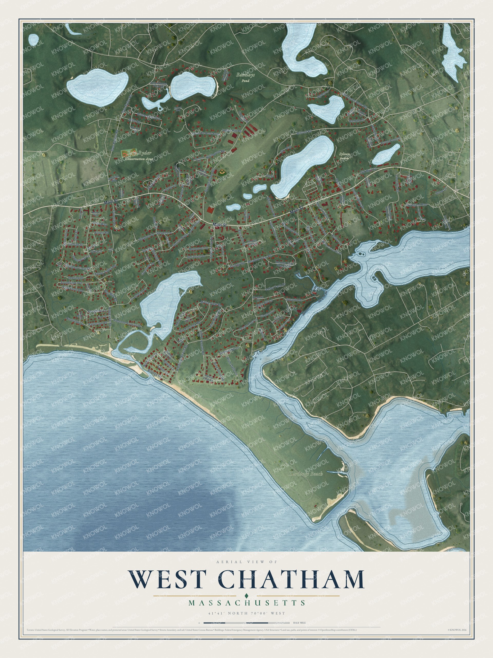 Full map of West Chatham, Massachusetts, with red buildings, printed street names and the land around them