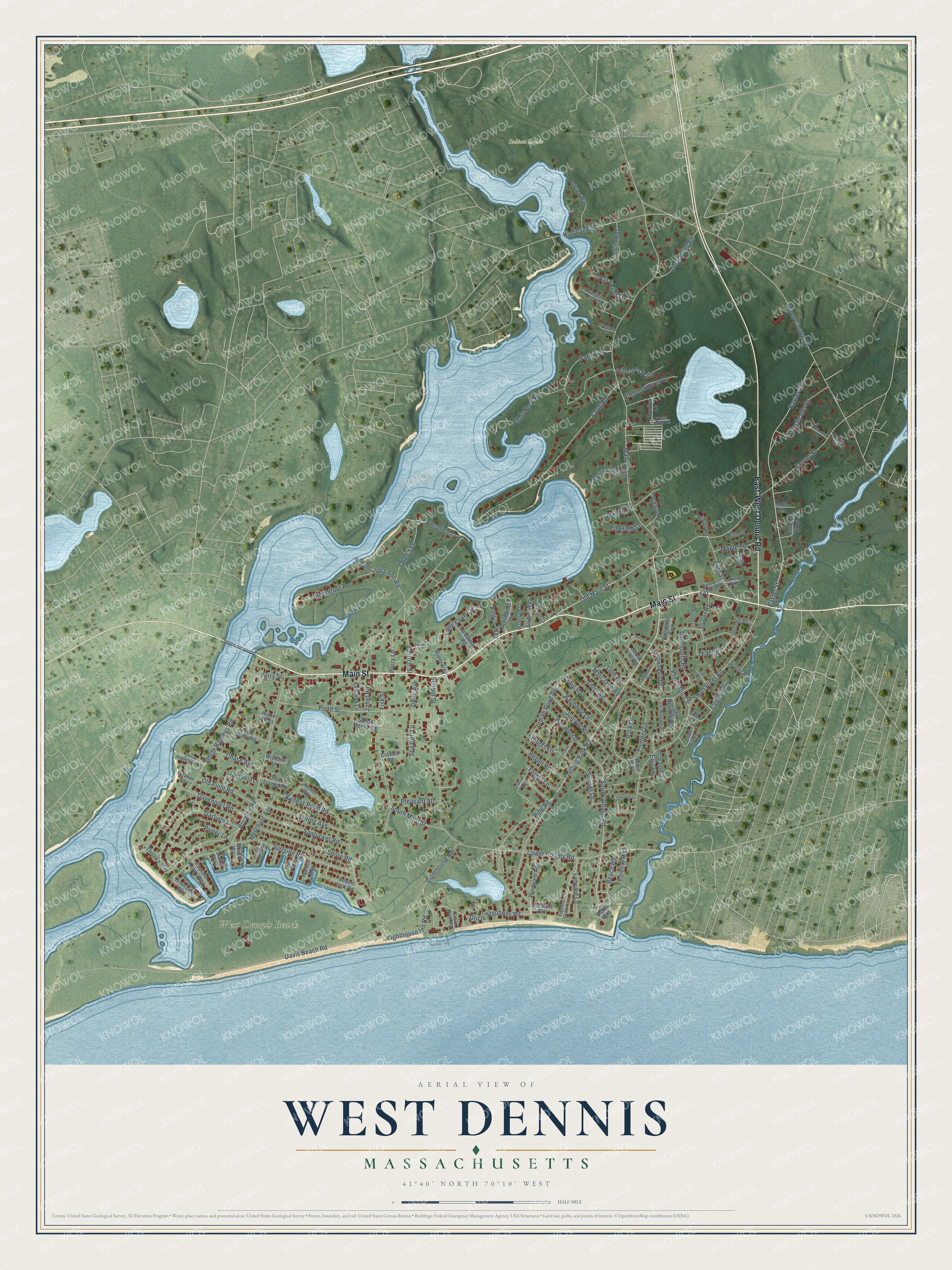 Watermarked full-map preview of West Dennis, Massachusetts
