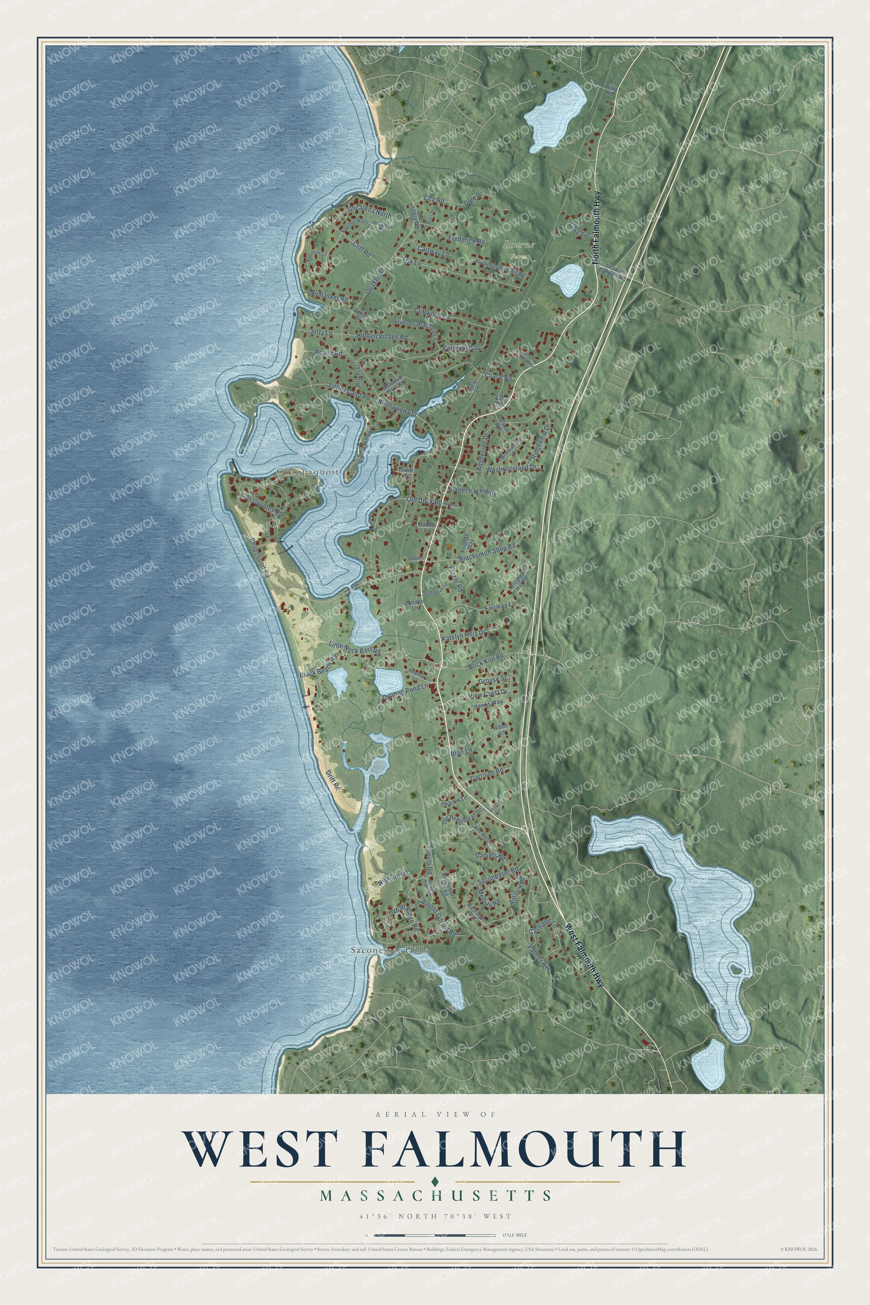 Full map of West Falmouth, Massachusetts, with red buildings, printed street names and the land around them