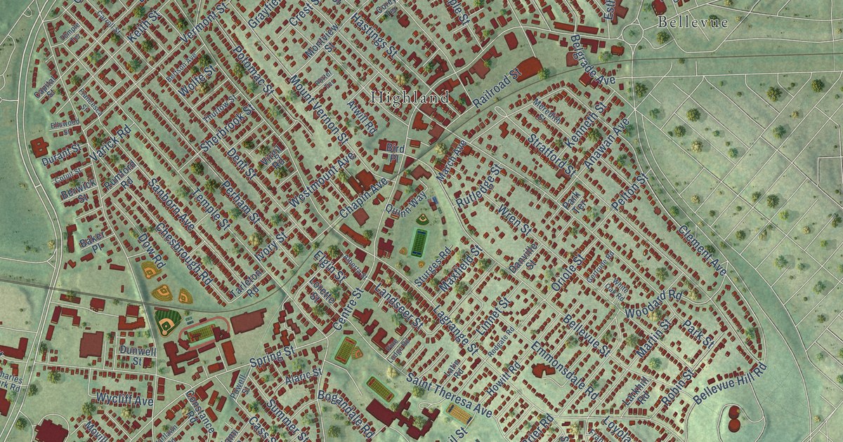 Close-up of streets and buildings in West Roxbury, Massachusetts
