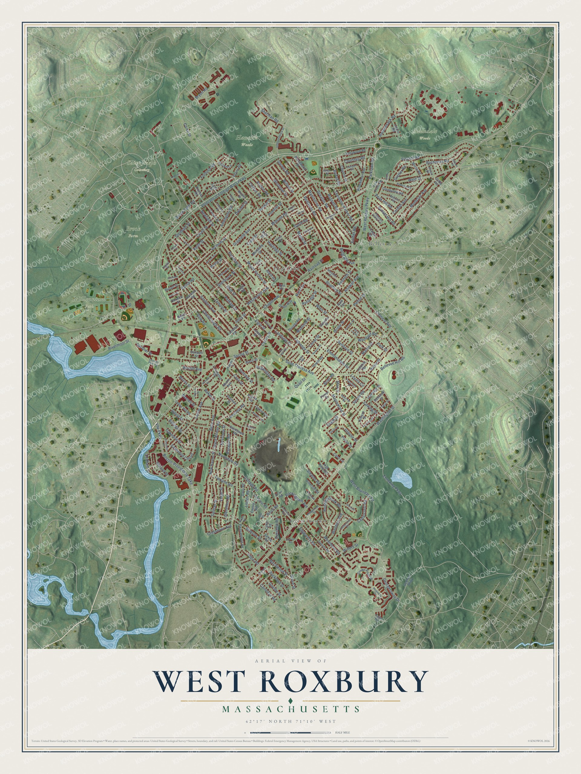 Watermarked full-map preview of West Roxbury, Massachusetts