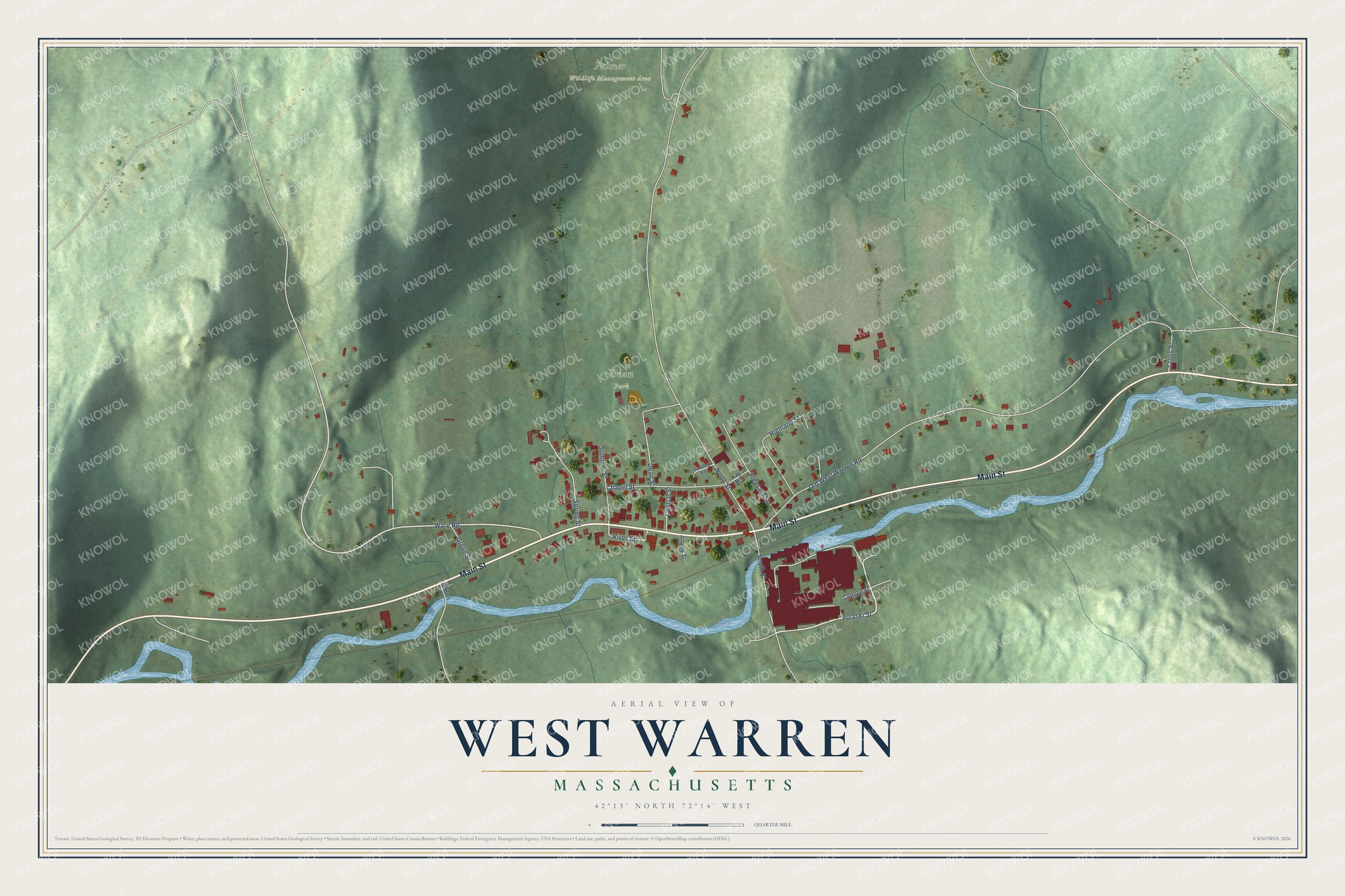 Full map of West Warren, Massachusetts, with red buildings, printed street names and the land around them