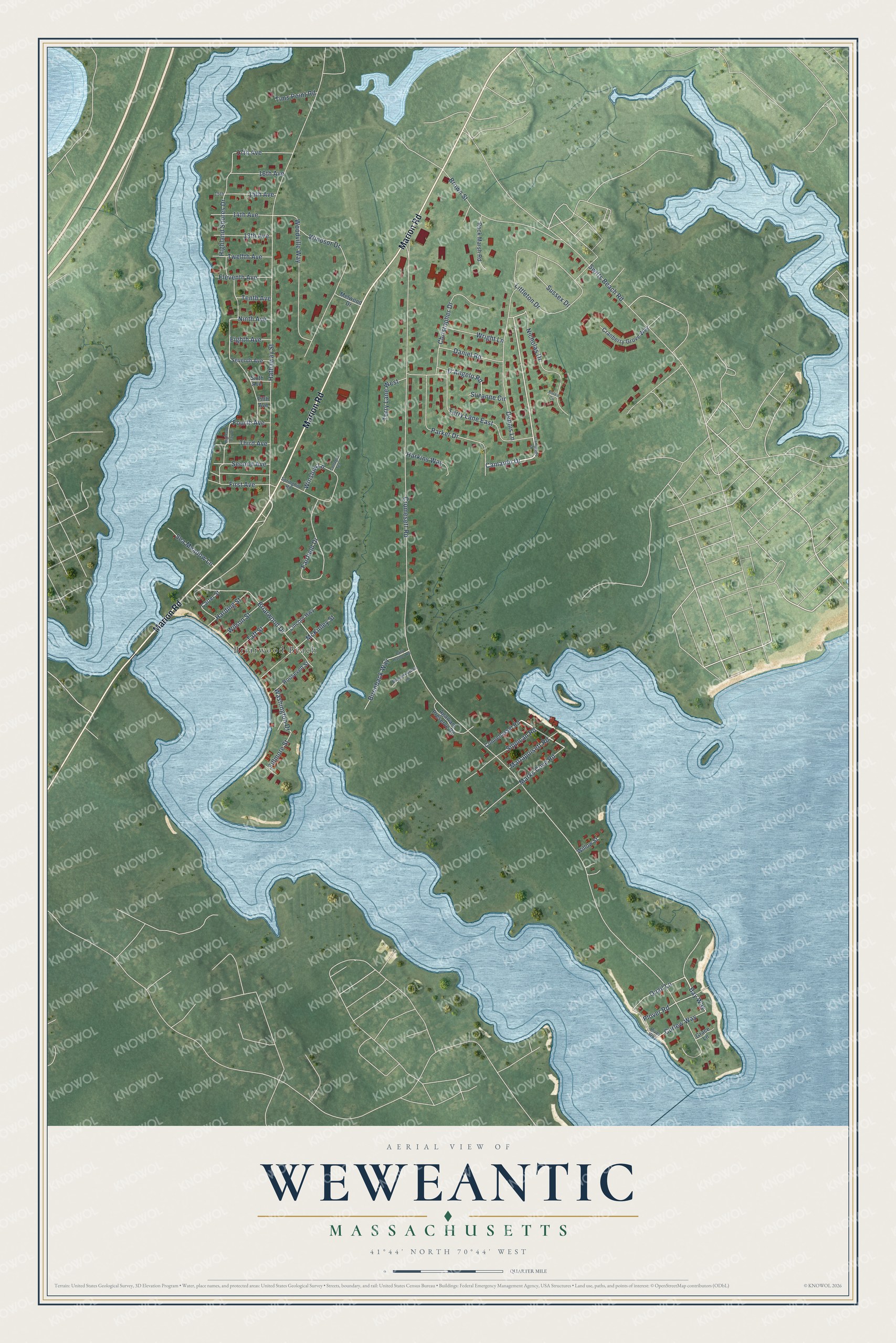 Full map of Weweantic, Massachusetts, with red buildings, printed street names and the land around them