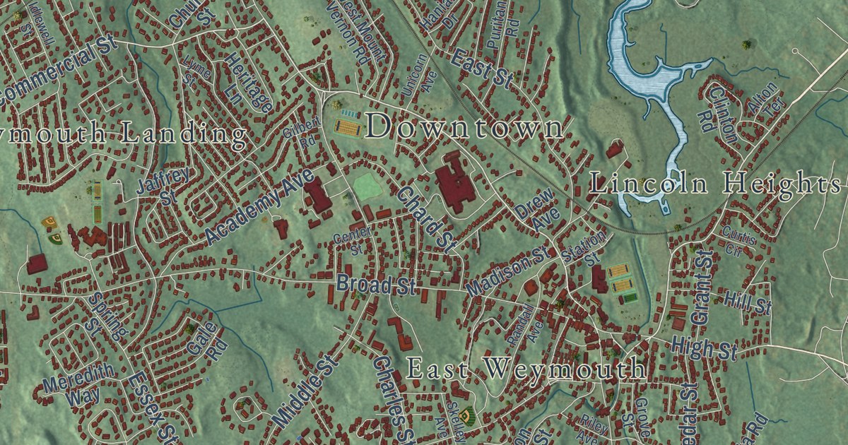 Close-up of streets and buildings in Weymouth, Massachusetts