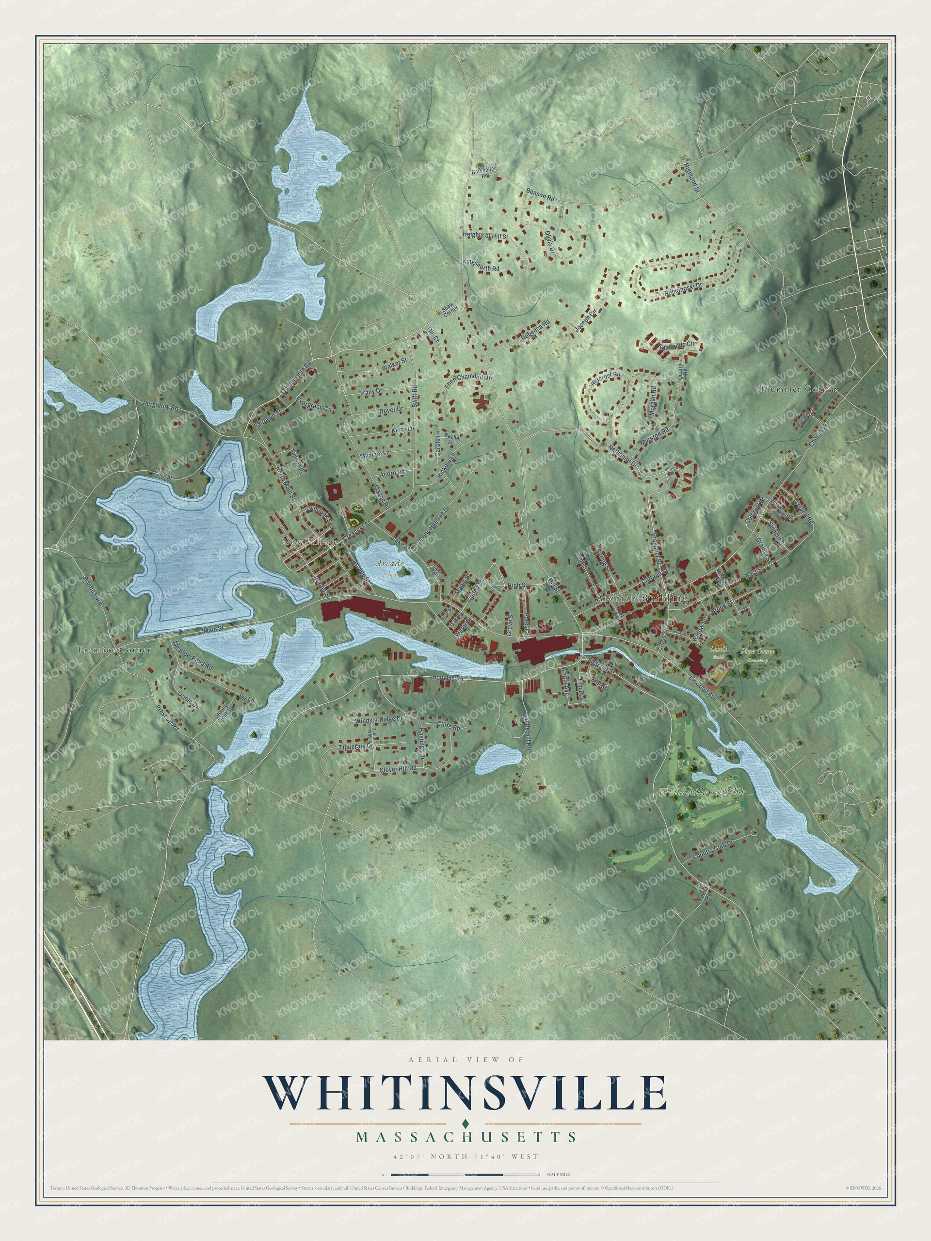Full map of Whitinsville, Massachusetts, with red buildings, printed street names and the land around them