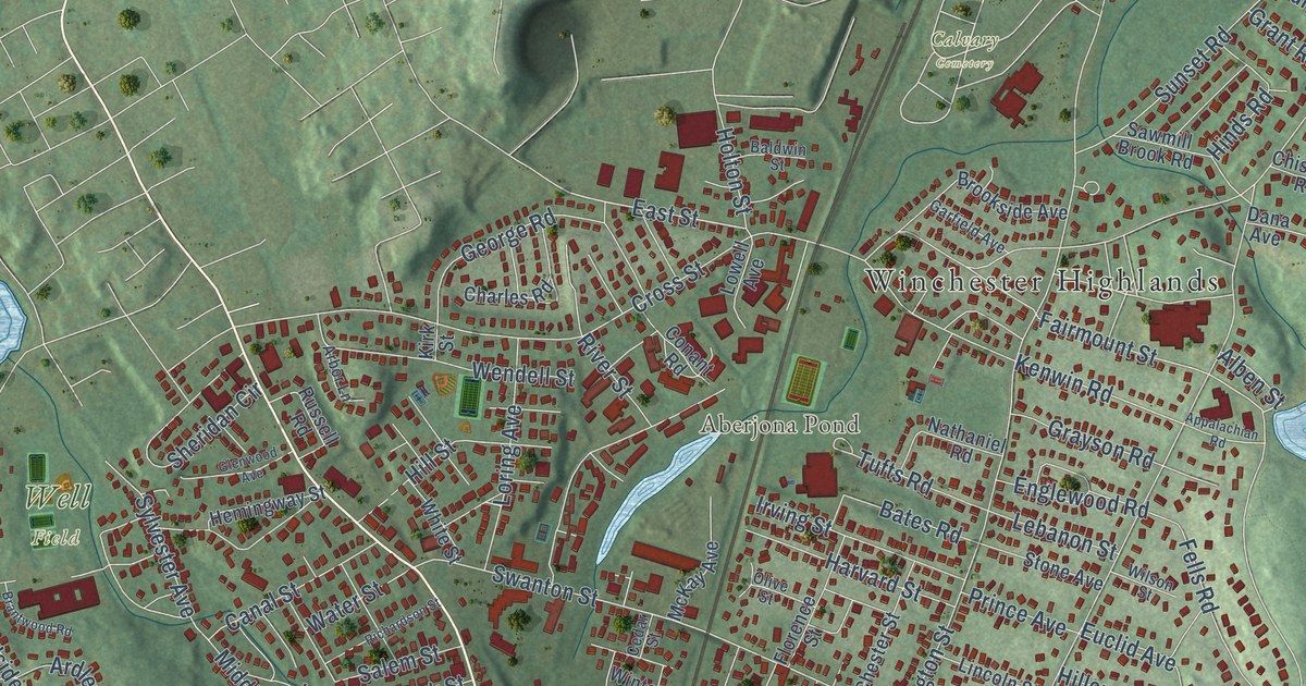 Close-up of streets and buildings in Winchester, Massachusetts