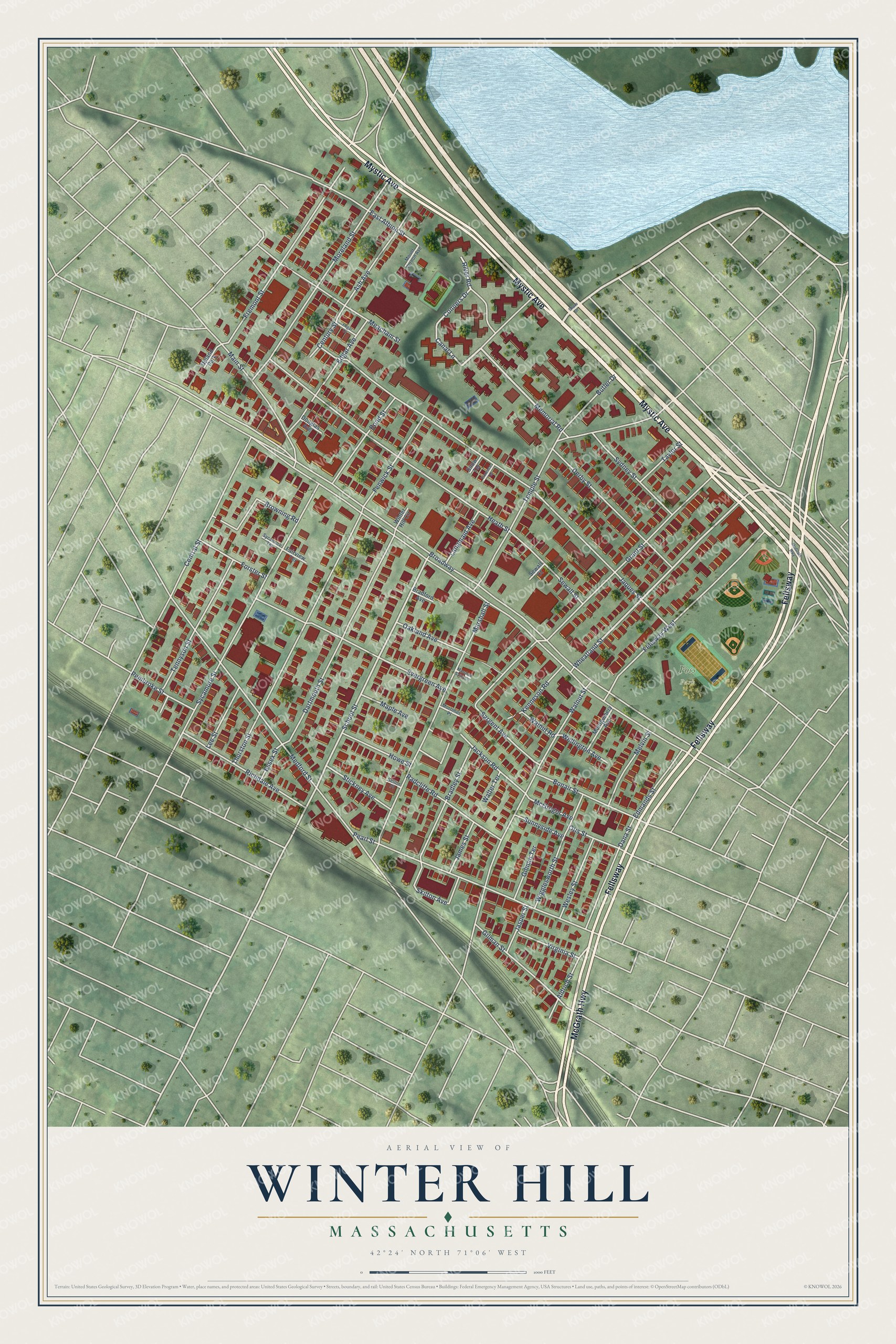 Full map of Winter Hill, Massachusetts, with red buildings, printed street names and the land around them