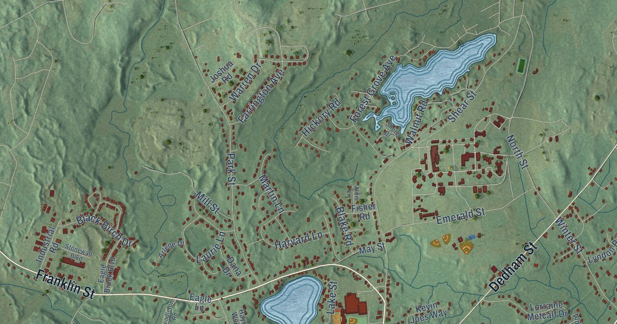 Close-up of streets and buildings in Wrentham, Massachusetts