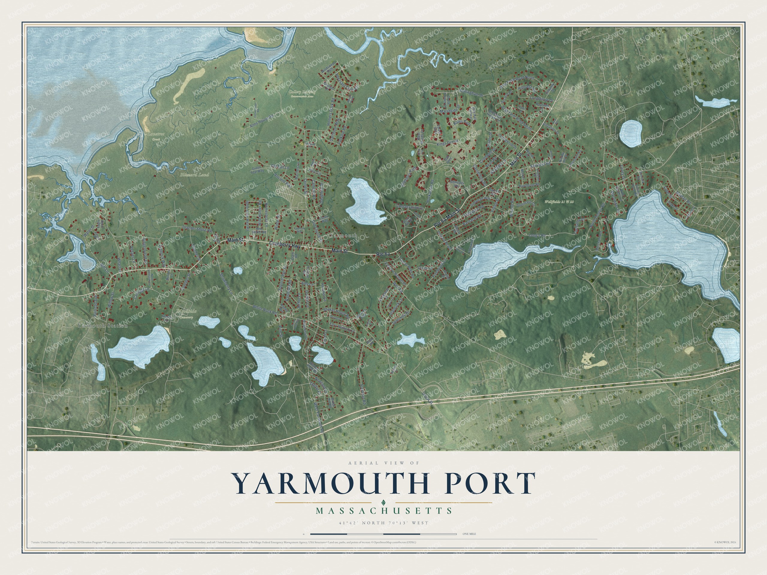 Full map of Yarmouth Port, Massachusetts, with red buildings, printed street names and the land around them