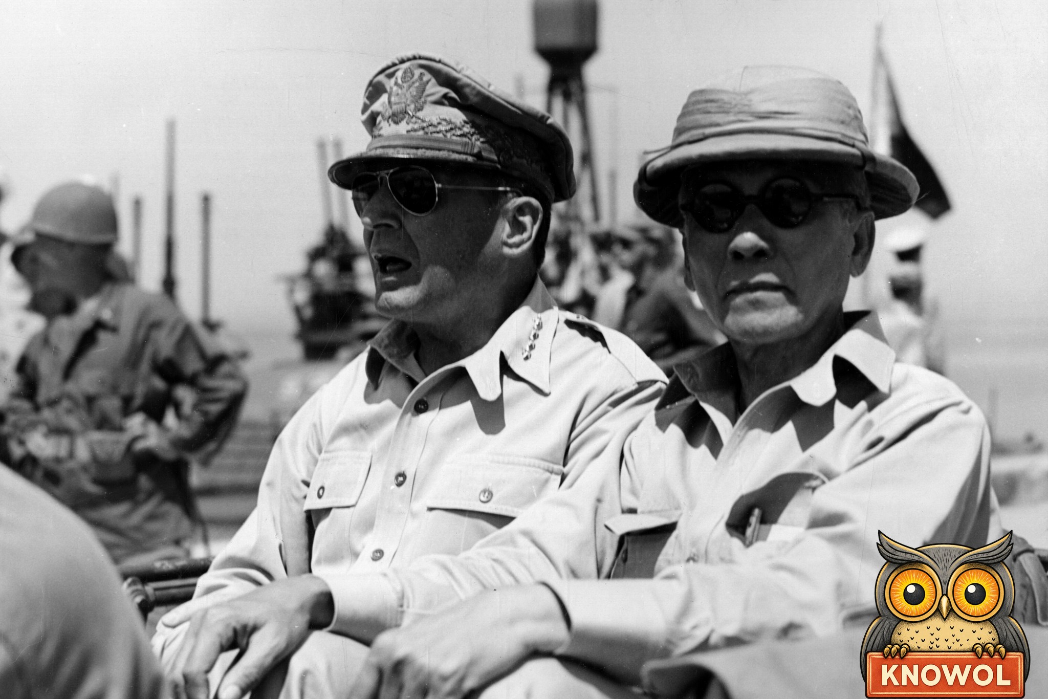 General Douglas MacArthur in sunglasses and his braided cap sits beside Philippine President Sergio Osmeña, who wears a pith helmet and round dark glasses, in a jeep at Tacloban, Leyte, in October 1944