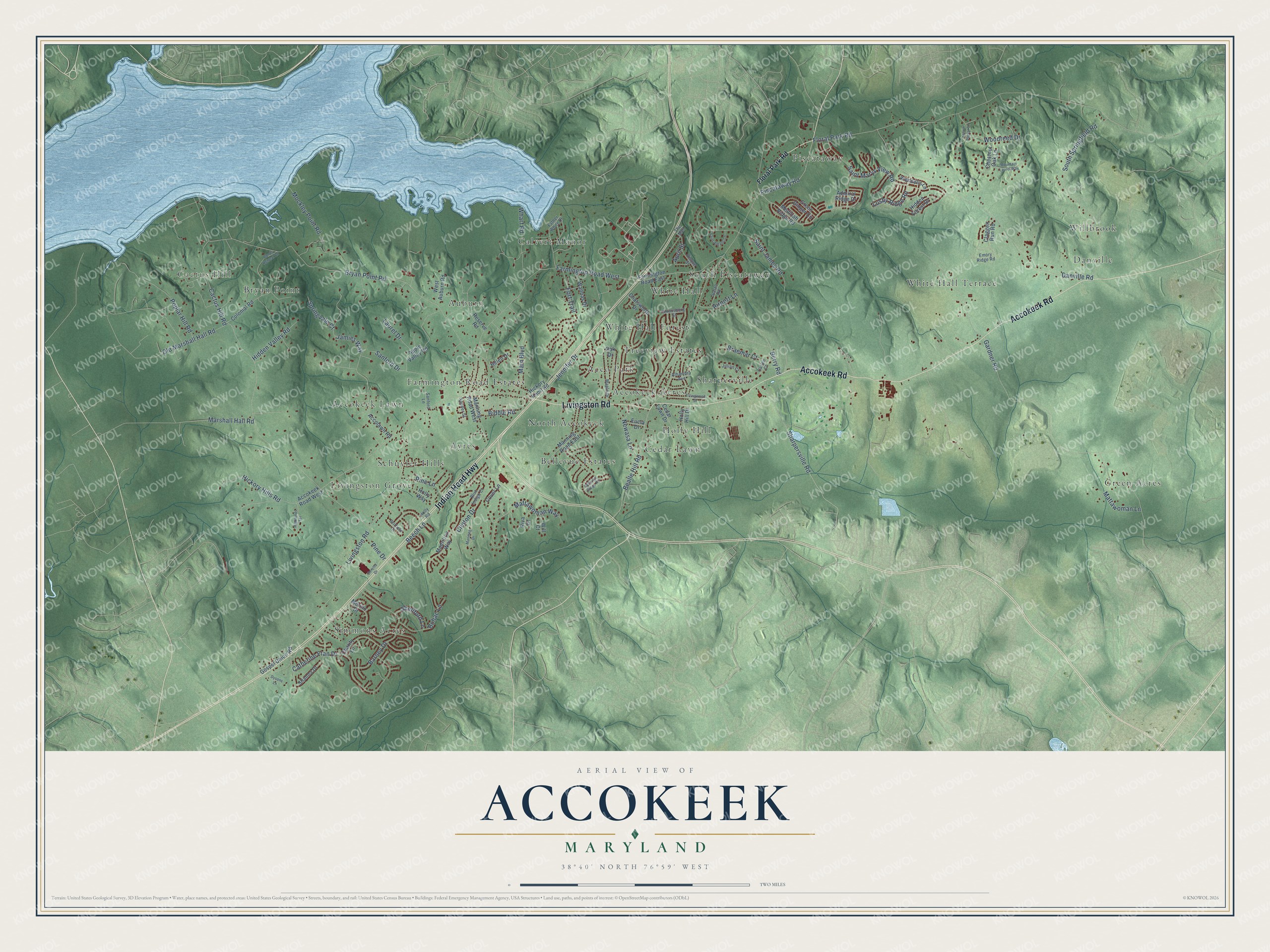 Full map of Accokeek, Maryland, with red buildings, printed street names and the land around them