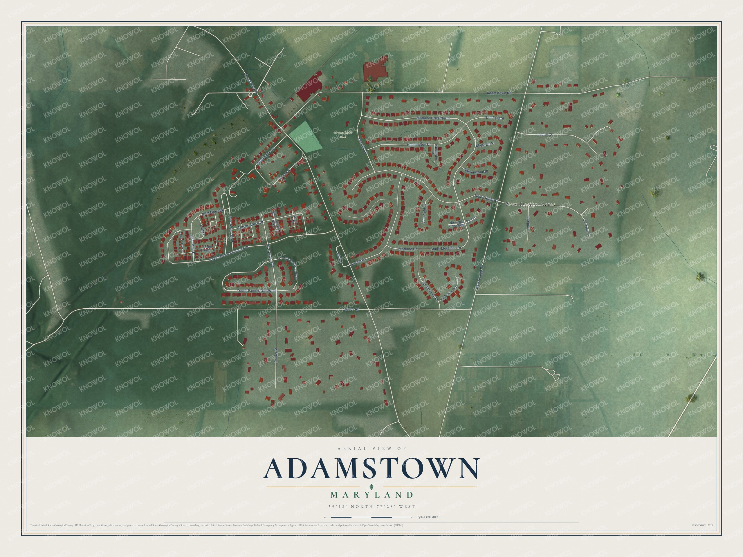 Full map of Adamstown, Maryland, with red buildings, printed street names and the land around them