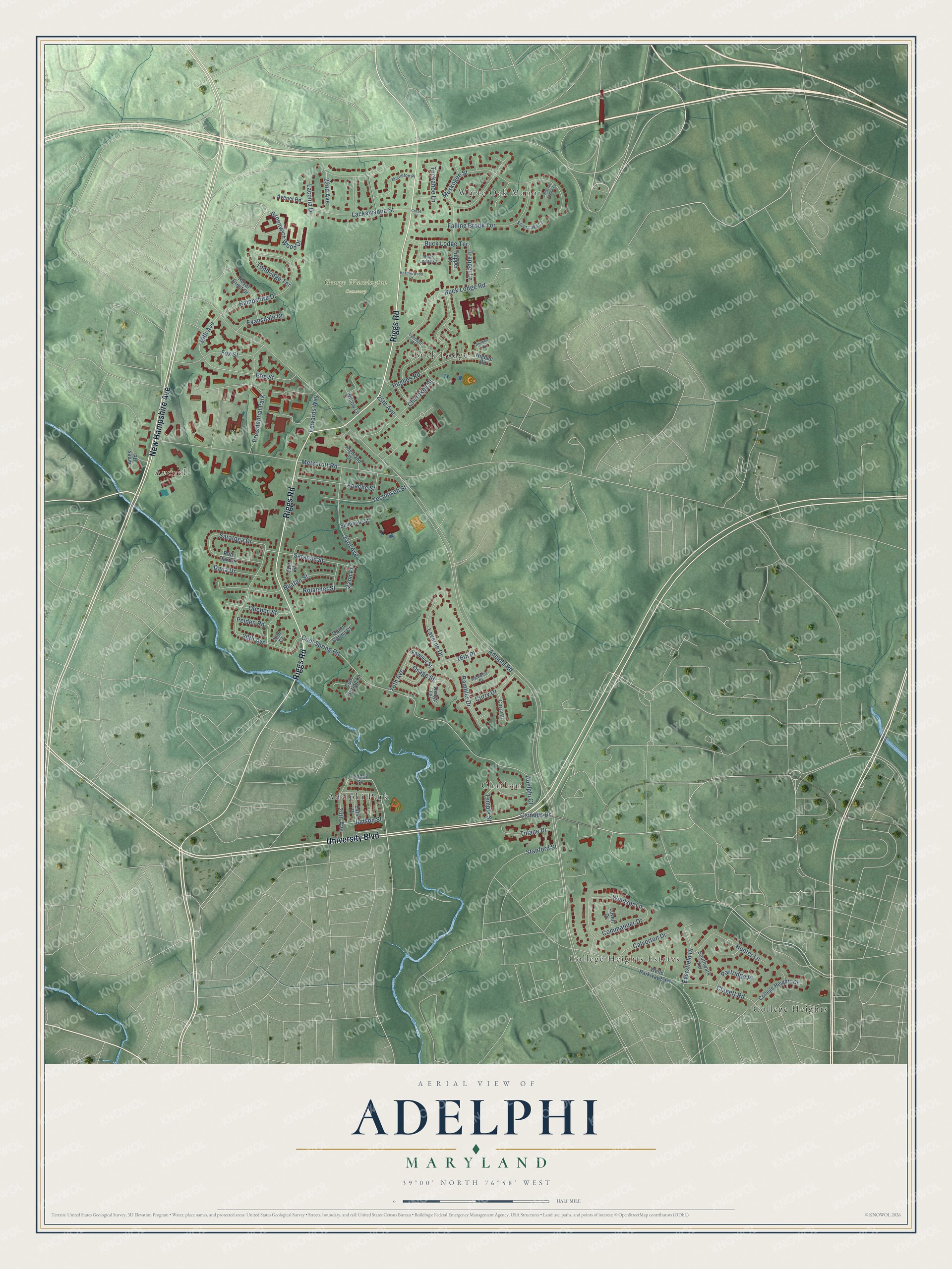 Full map of Adelphi, Maryland, with red buildings, printed street names and the land around them