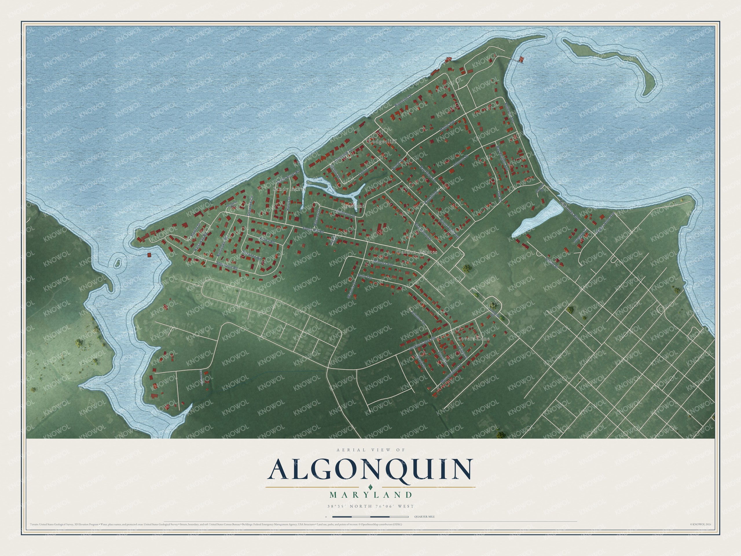 Full map of Algonquin, Maryland, with red buildings, printed street names and the land around them