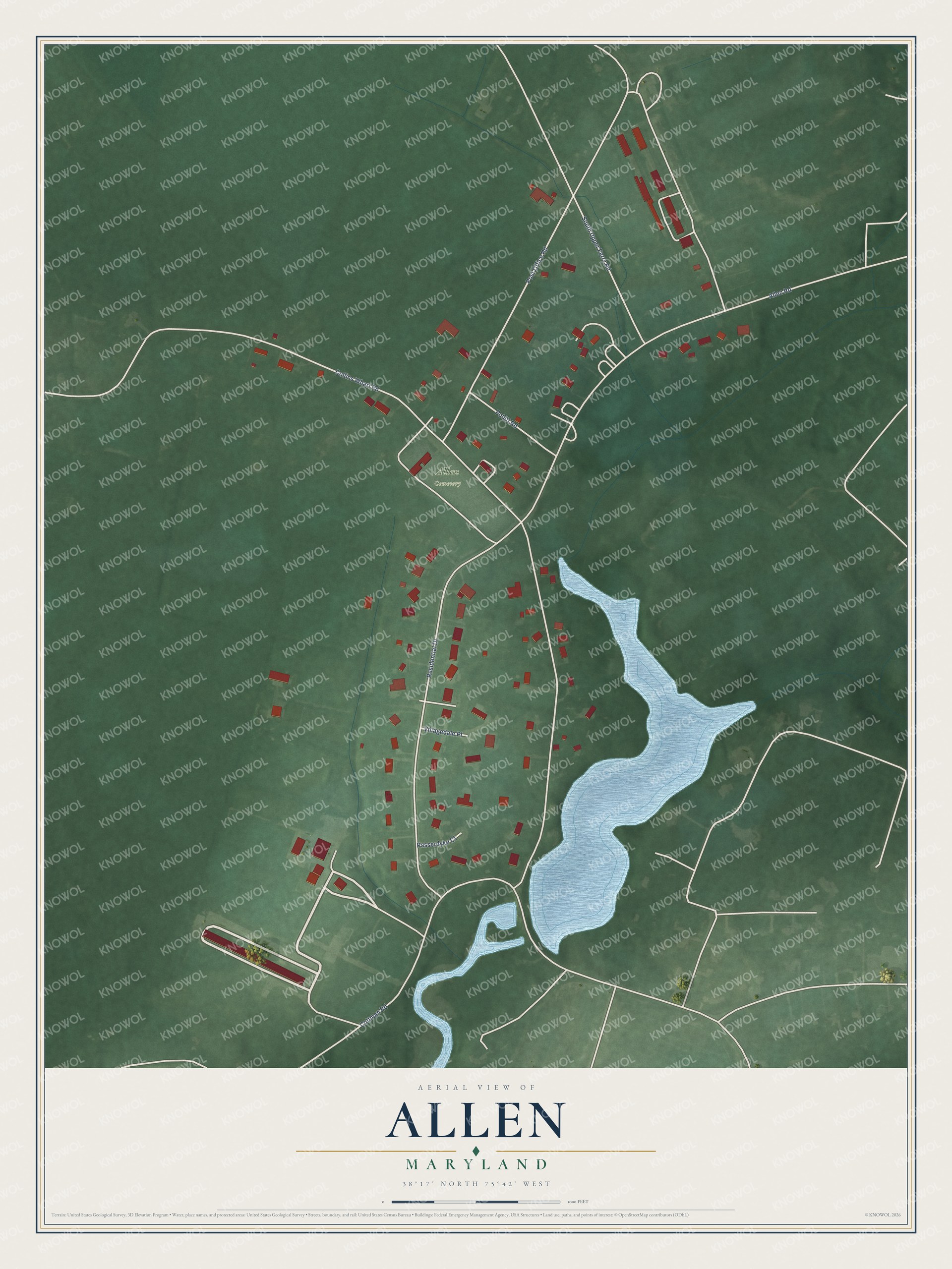 Full map of Allen, Maryland, with red buildings, printed street names and the land around them