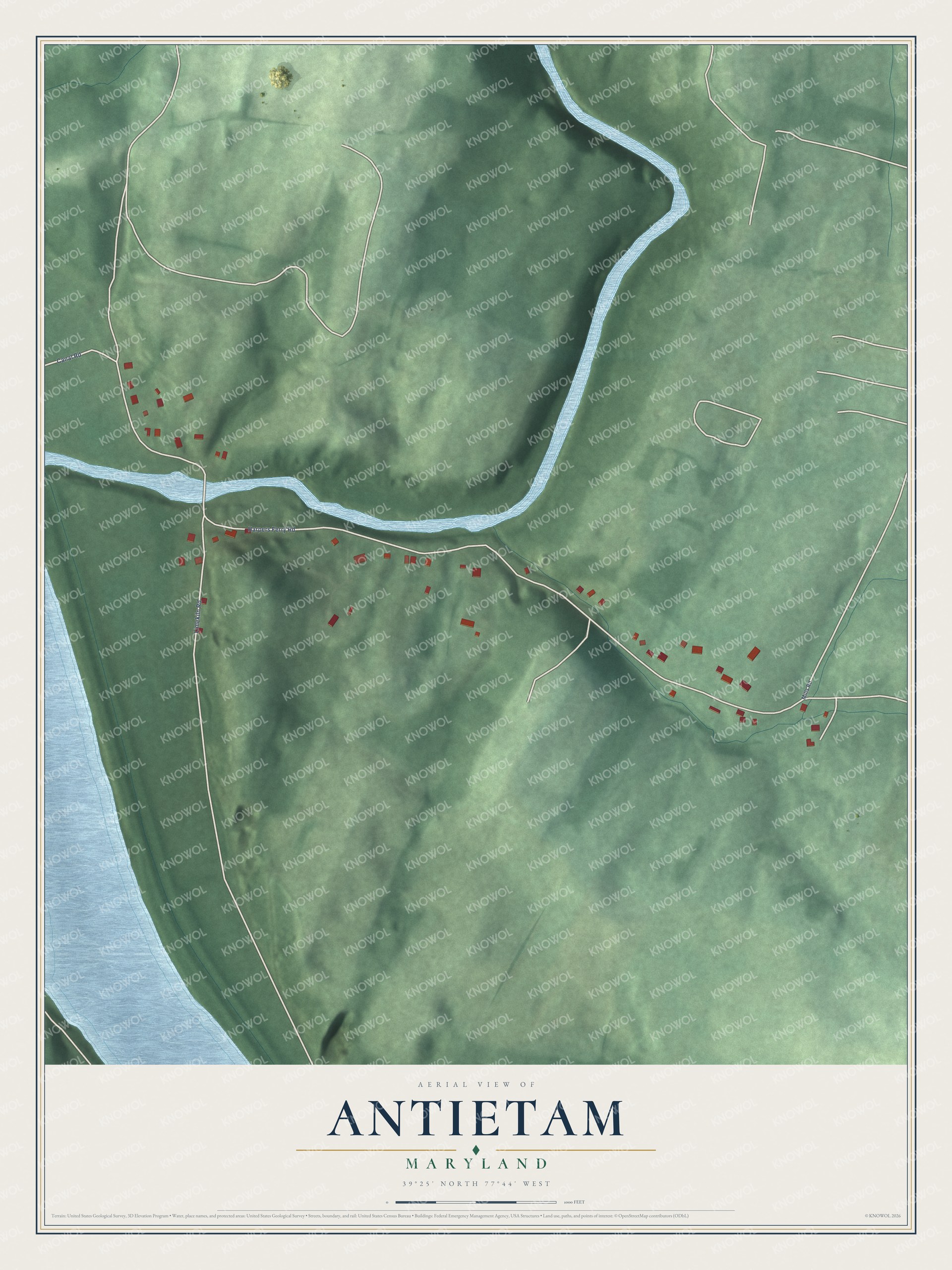 Full map of Antietam, Maryland, with red buildings, printed street names and the land around them