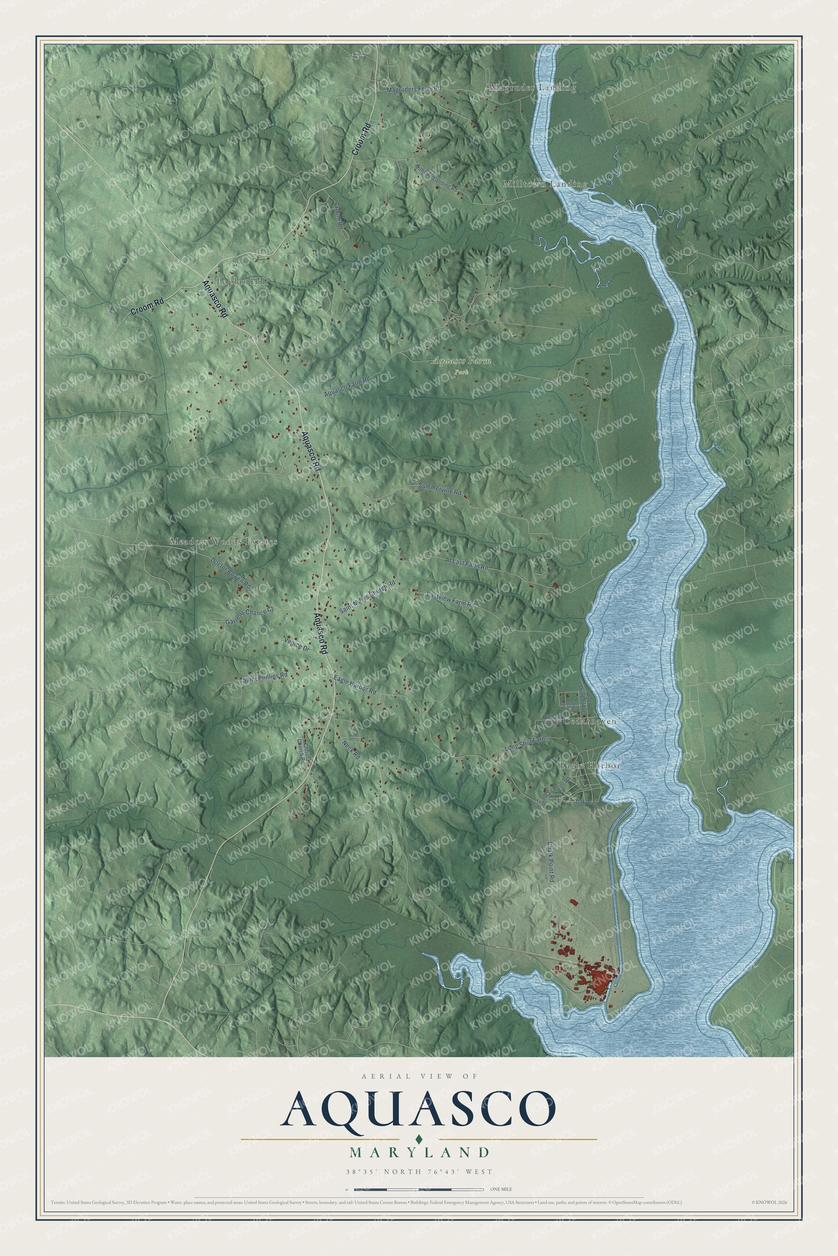 Full map of Aquasco, Maryland, with red buildings, printed street names and the land around them