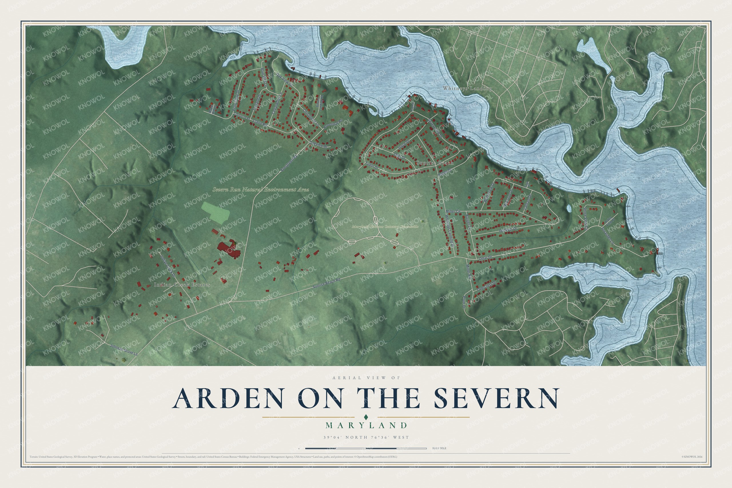 Full map of Arden on the Severn, Maryland, with red buildings, printed street names and the land around them