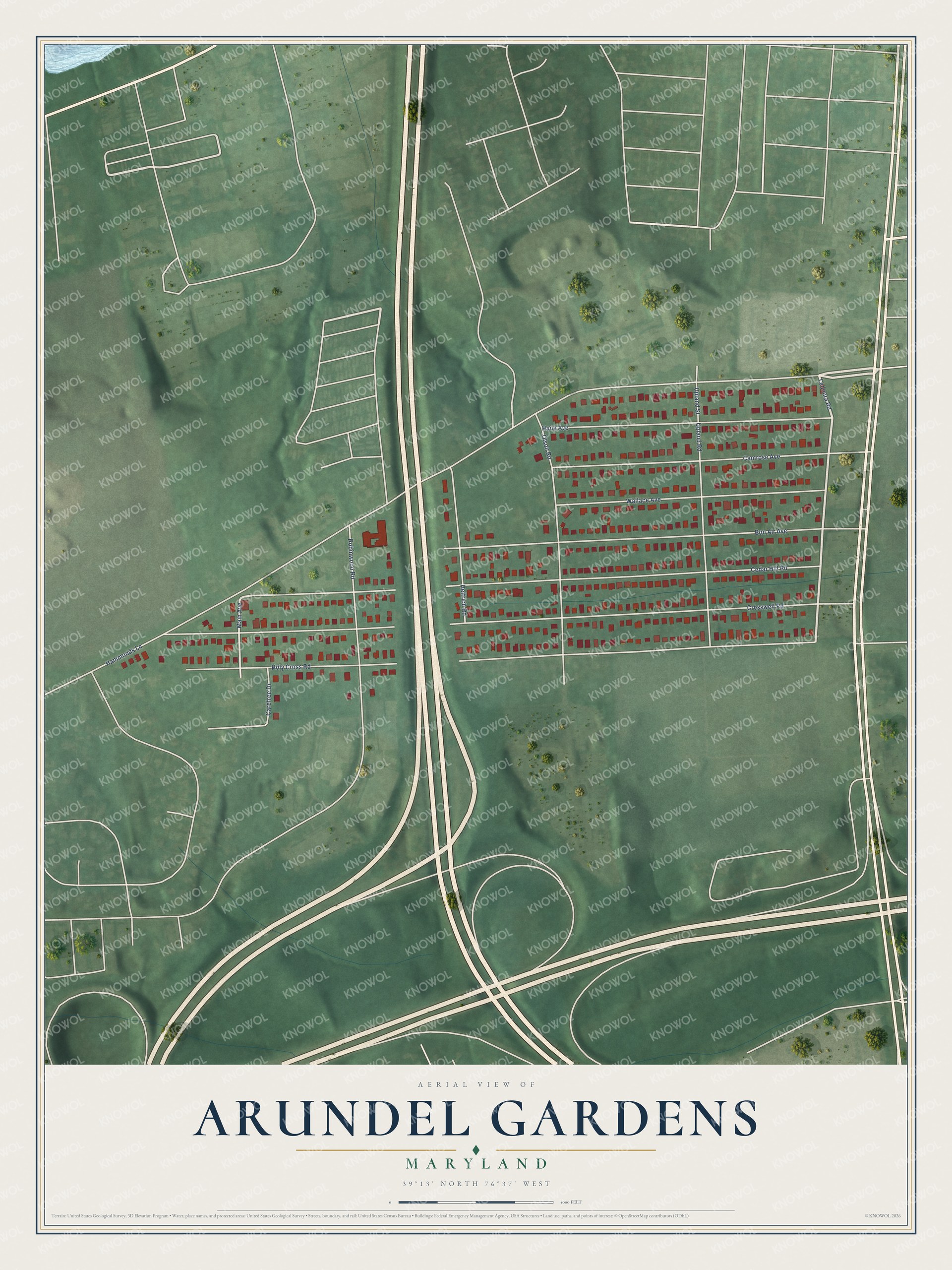 Full map of Arundel Gardens, Maryland, with red buildings, printed street names and the land around them