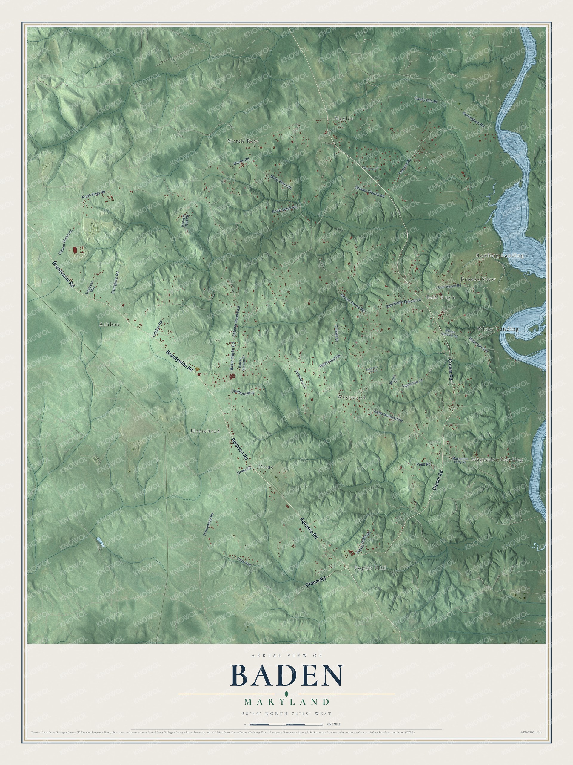Full map of Baden, Maryland, with red buildings, printed street names and the land around them