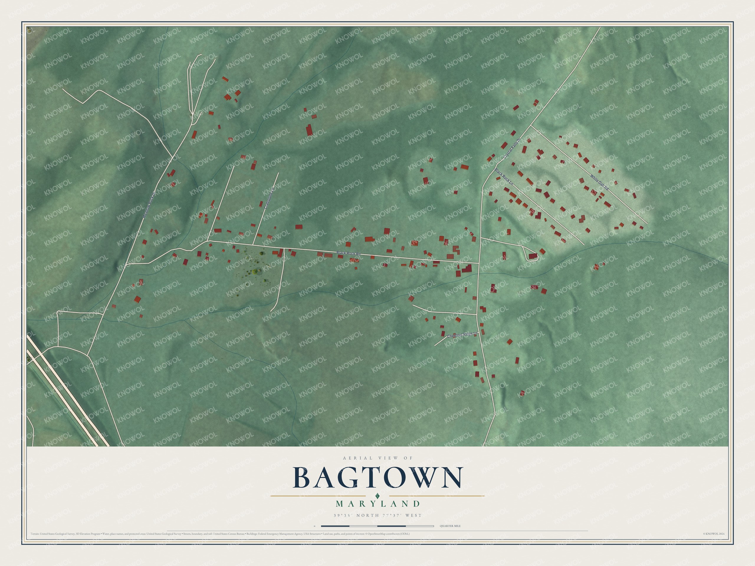 Full map of Bagtown, Maryland, with red buildings, printed street names and the land around them