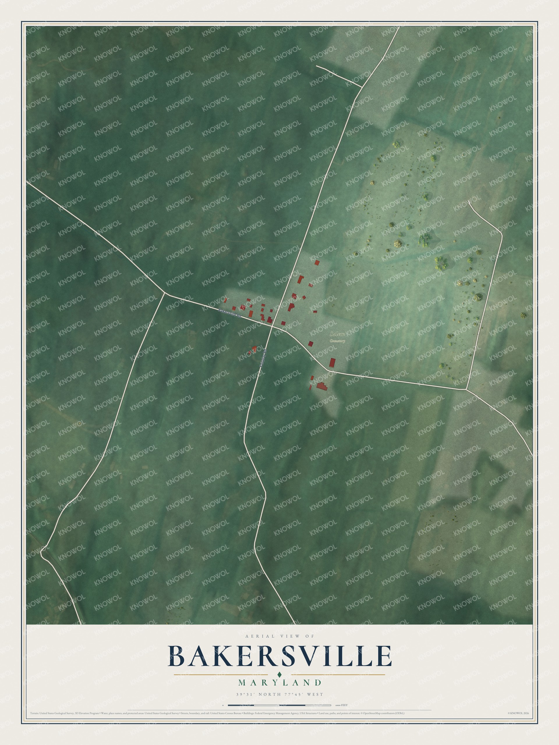 Full map of Bakersville, Maryland, with red buildings, printed street names and the land around them