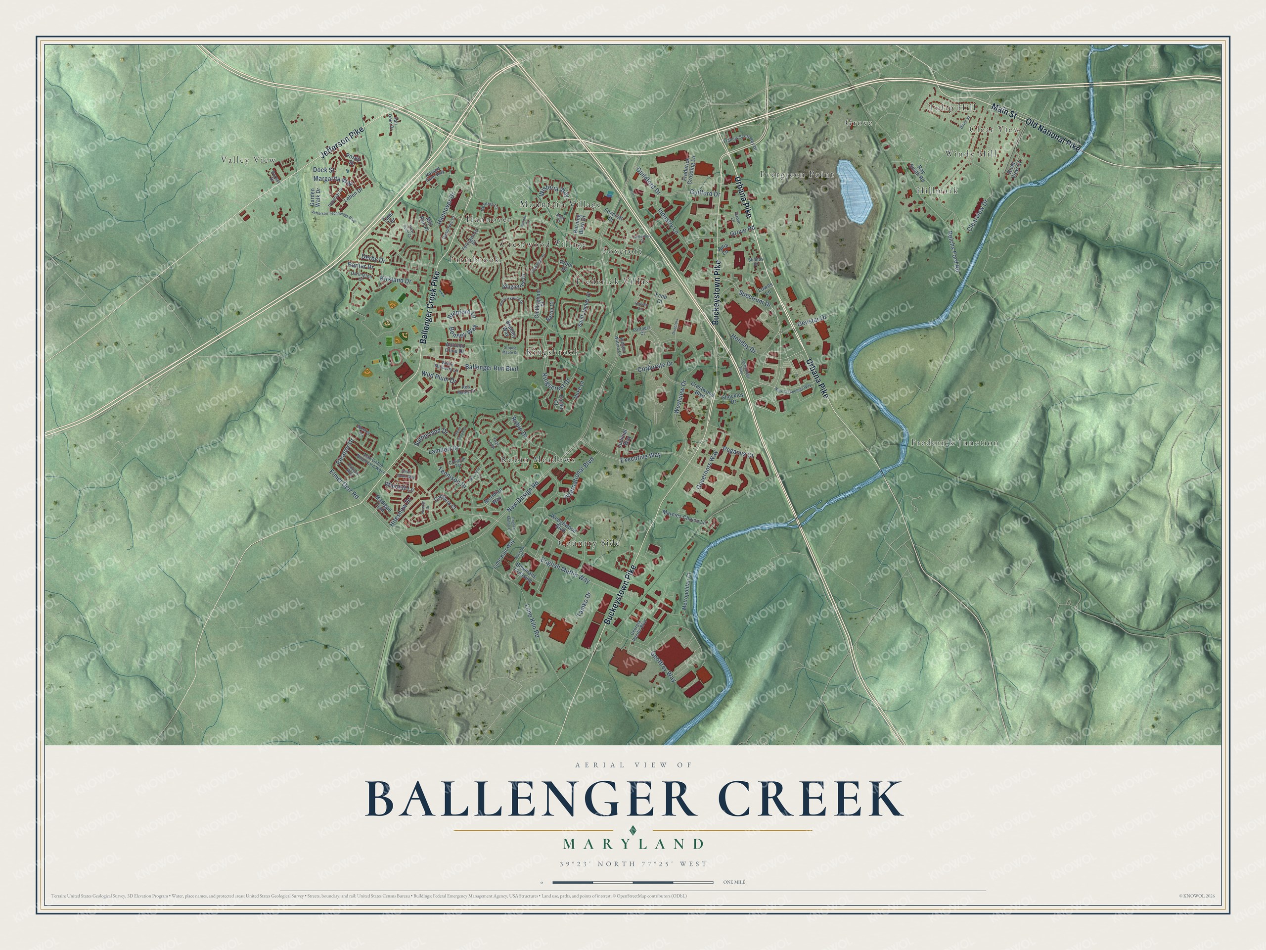Full map of Ballenger Creek, Maryland, with red buildings, printed street names and the land around them