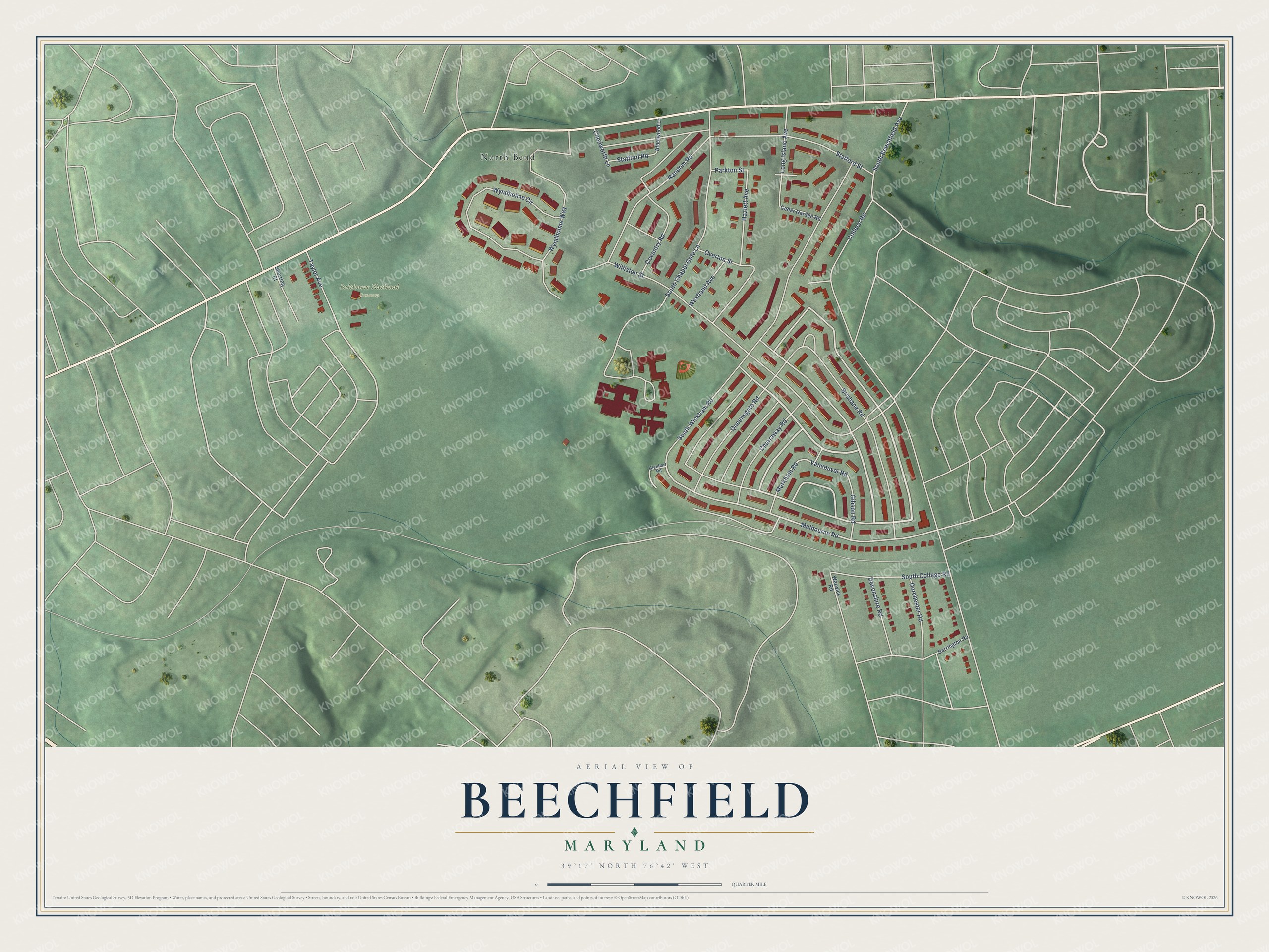 Full map of Beechfield, Maryland, with red buildings, printed street names and the land around them