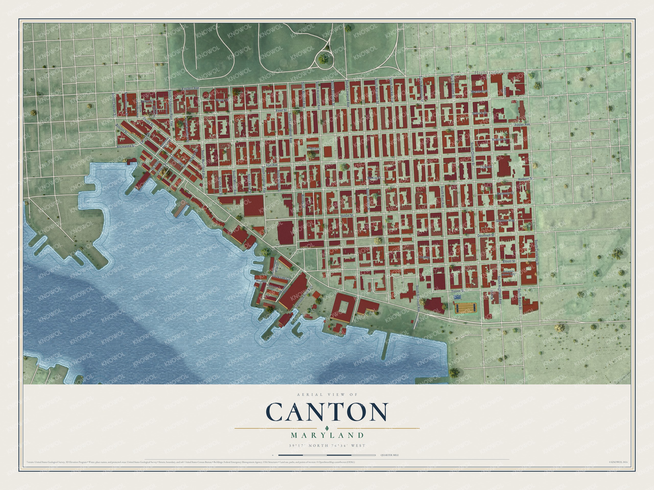 Full map of Canton, Maryland, with red buildings, printed street names and the land around them