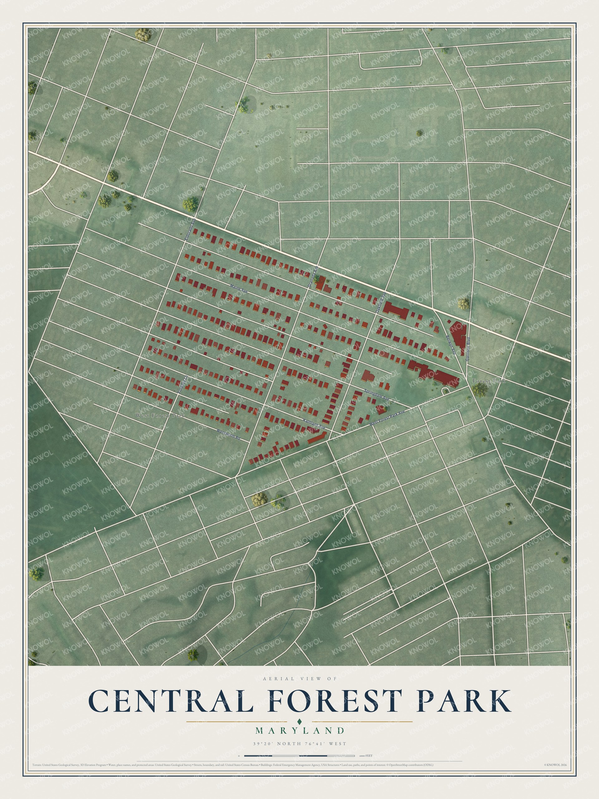 Full map of Central Forest Park, Maryland, with red buildings, printed street names and the land around them