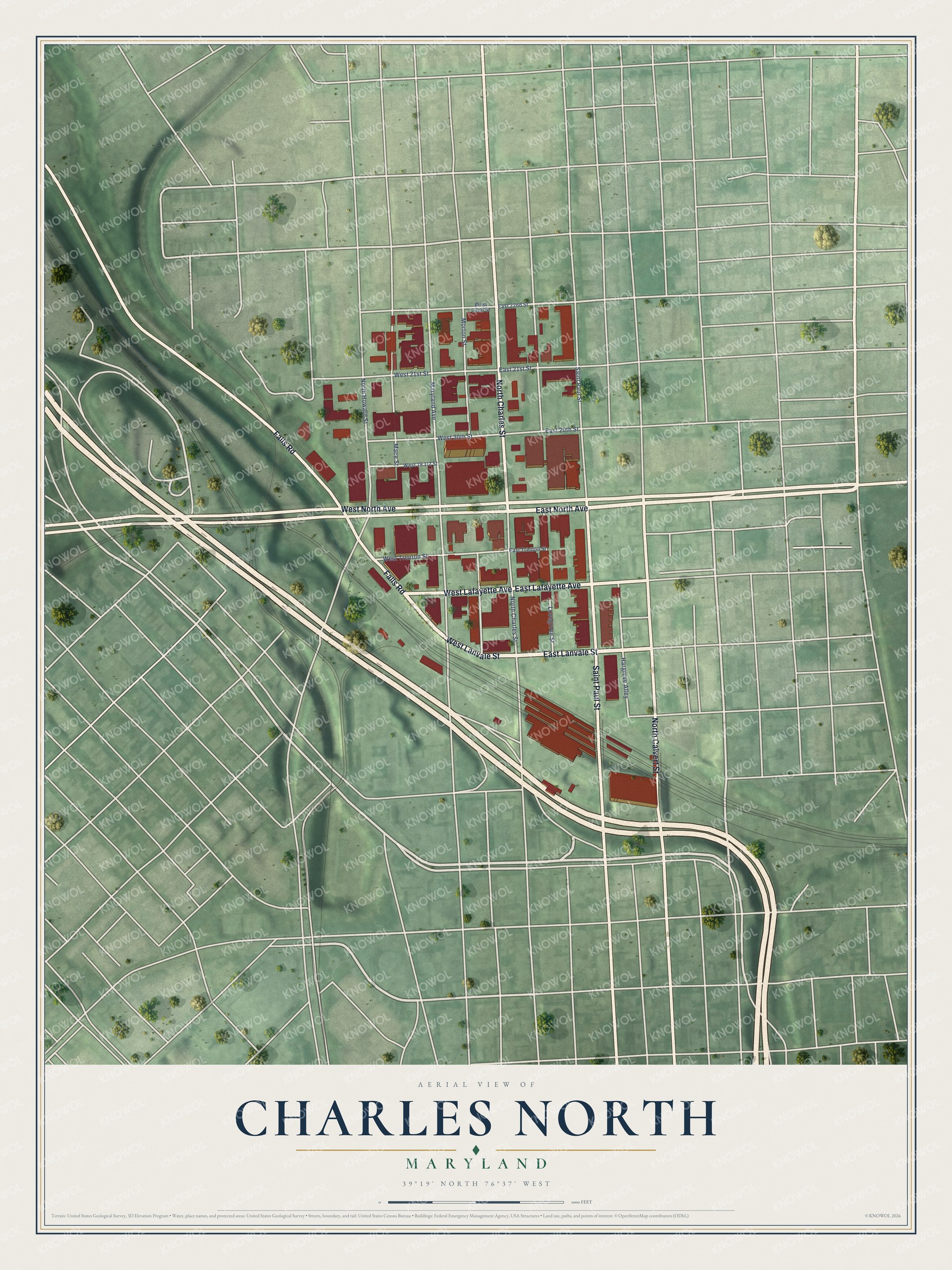 Full map of Charles North, Maryland, with red buildings, printed street names and the land around them