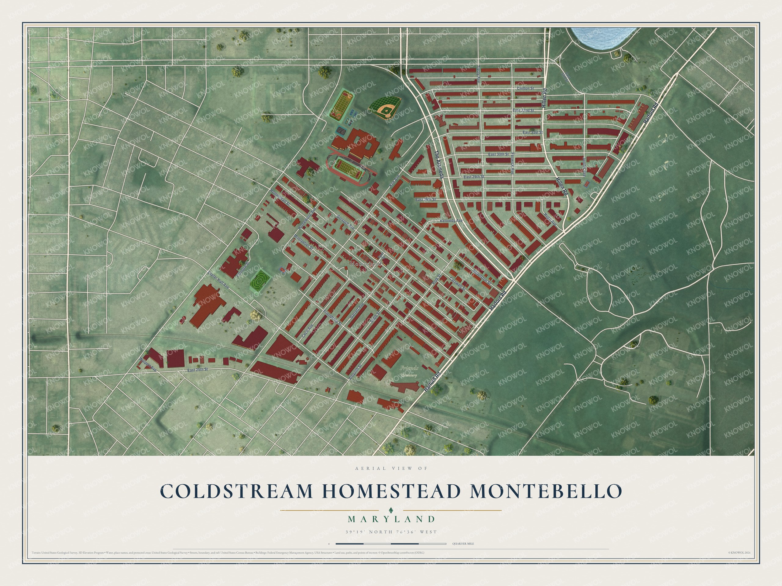 Full map of Coldstream Homestead Montebello, Maryland, with red buildings, printed street names and the land around them