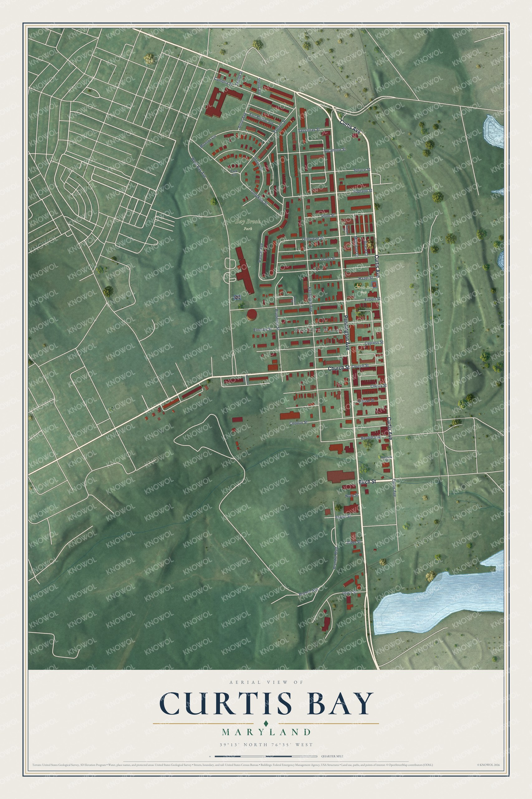Full map of Curtis Bay, Maryland, with red buildings, printed street names and the land around them
