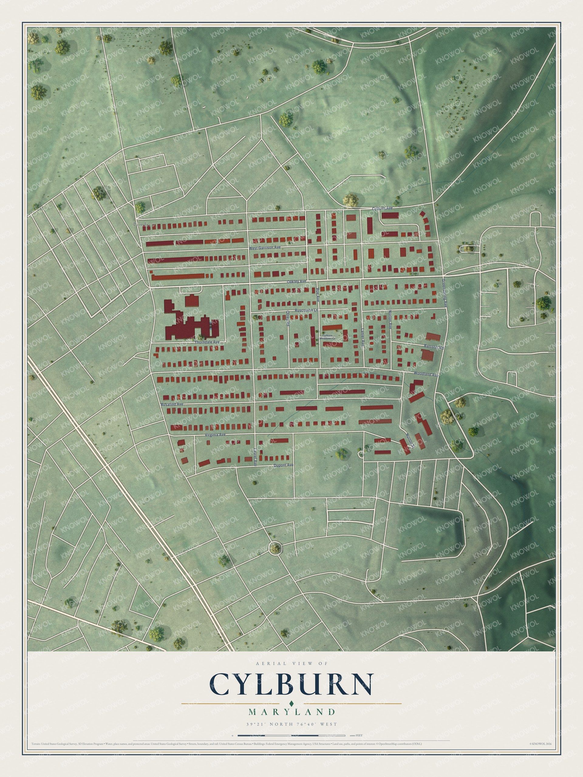 Full map of Cylburn, Maryland, with red buildings, printed street names and the land around them