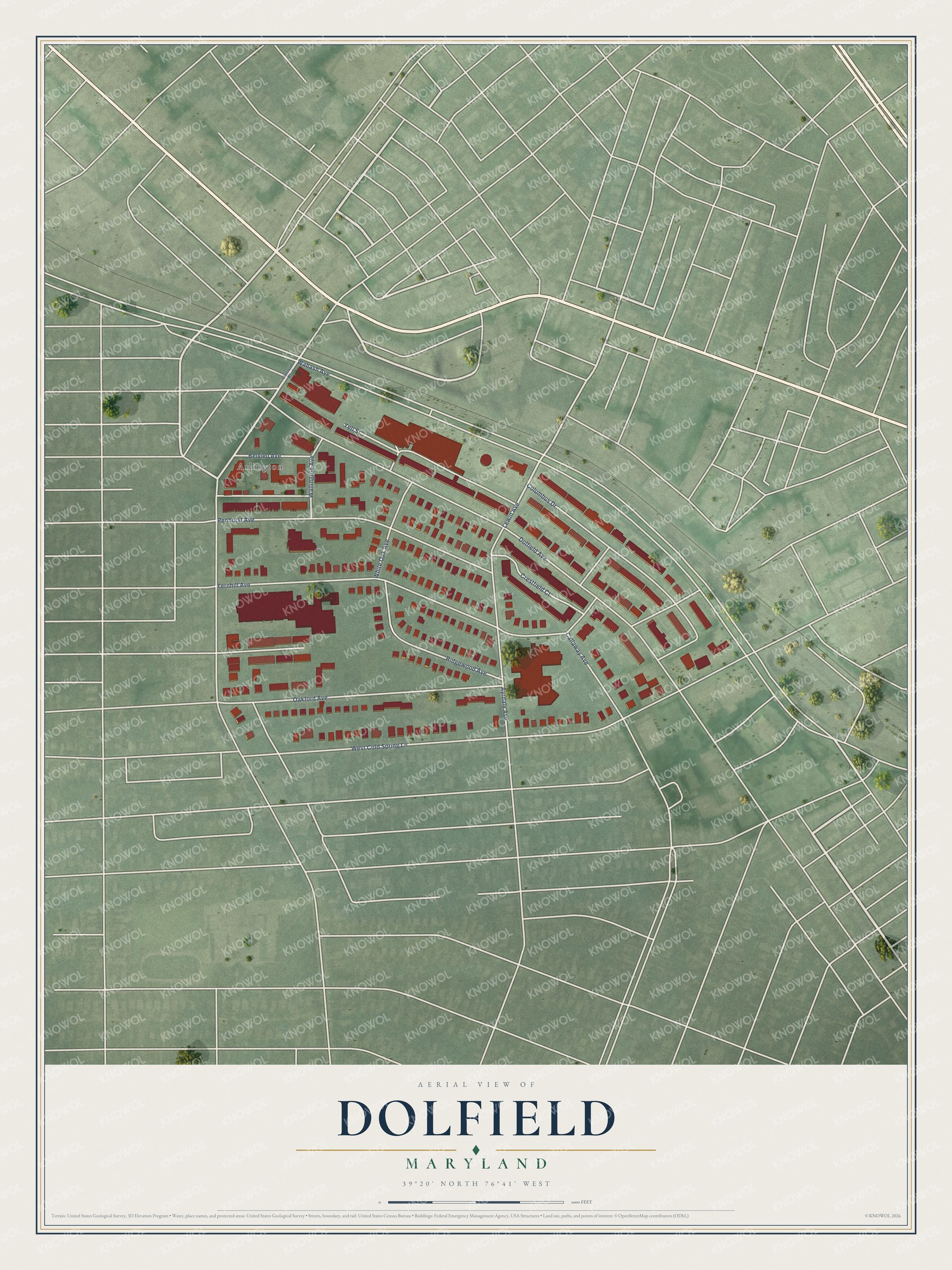 Full map of Dolfield, Maryland, with red buildings, printed street names and the land around them