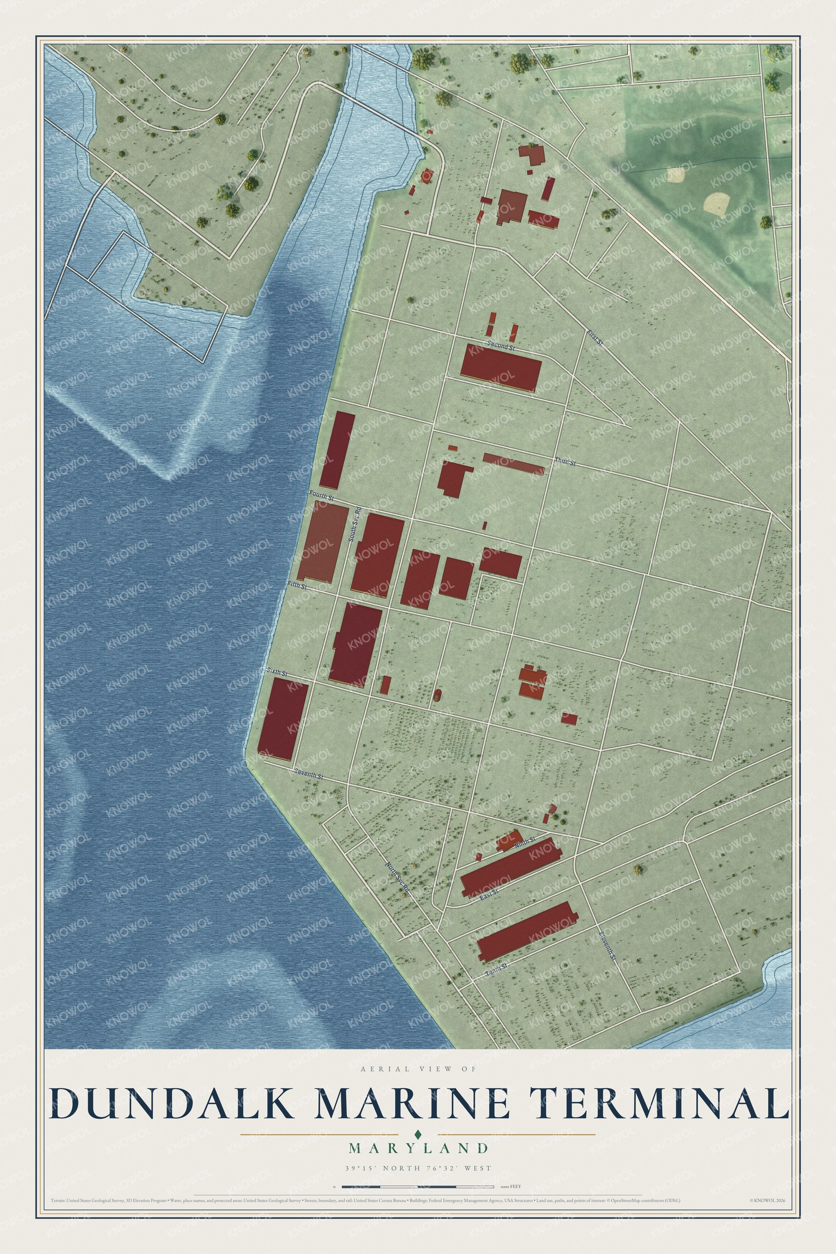 Full map of Dundalk Marine Terminal, Maryland, with red buildings, printed street names and the land around them