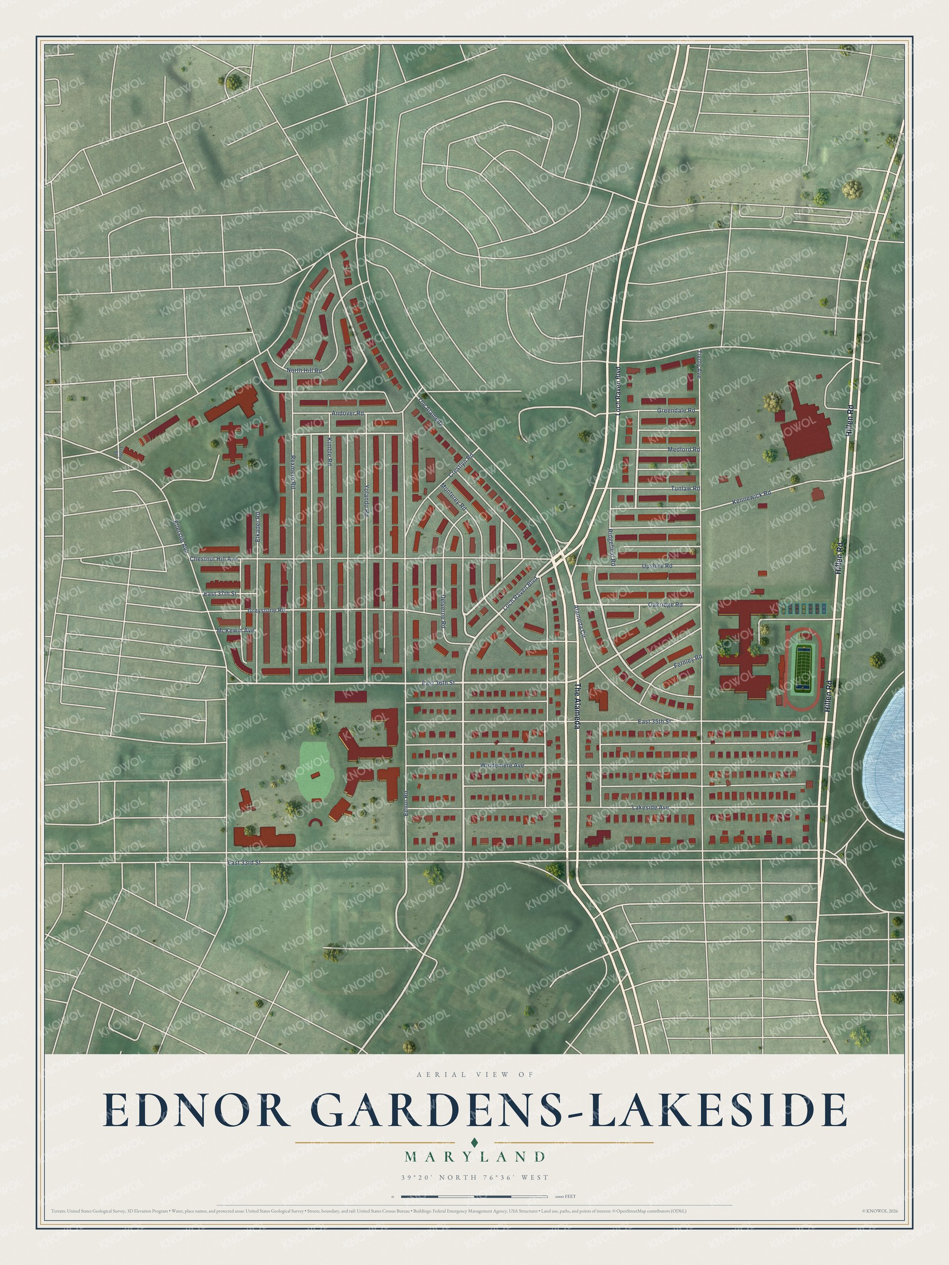 Full map of Ednor Gardens-Lakeside, Maryland, with red buildings, printed street names and the land around them