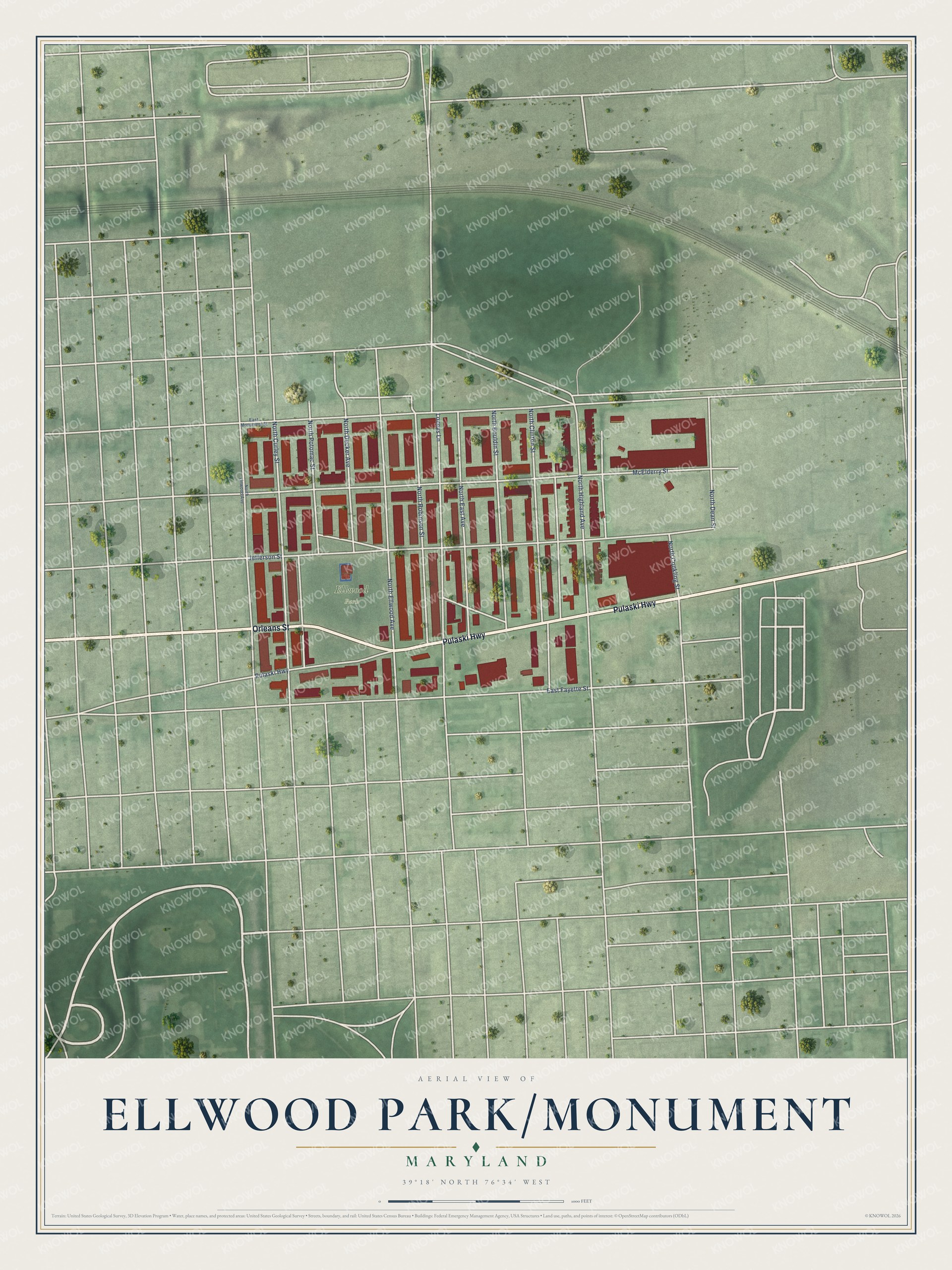 Full map of Ellwood Park/Monument, Maryland, with red buildings, printed street names and the land around them