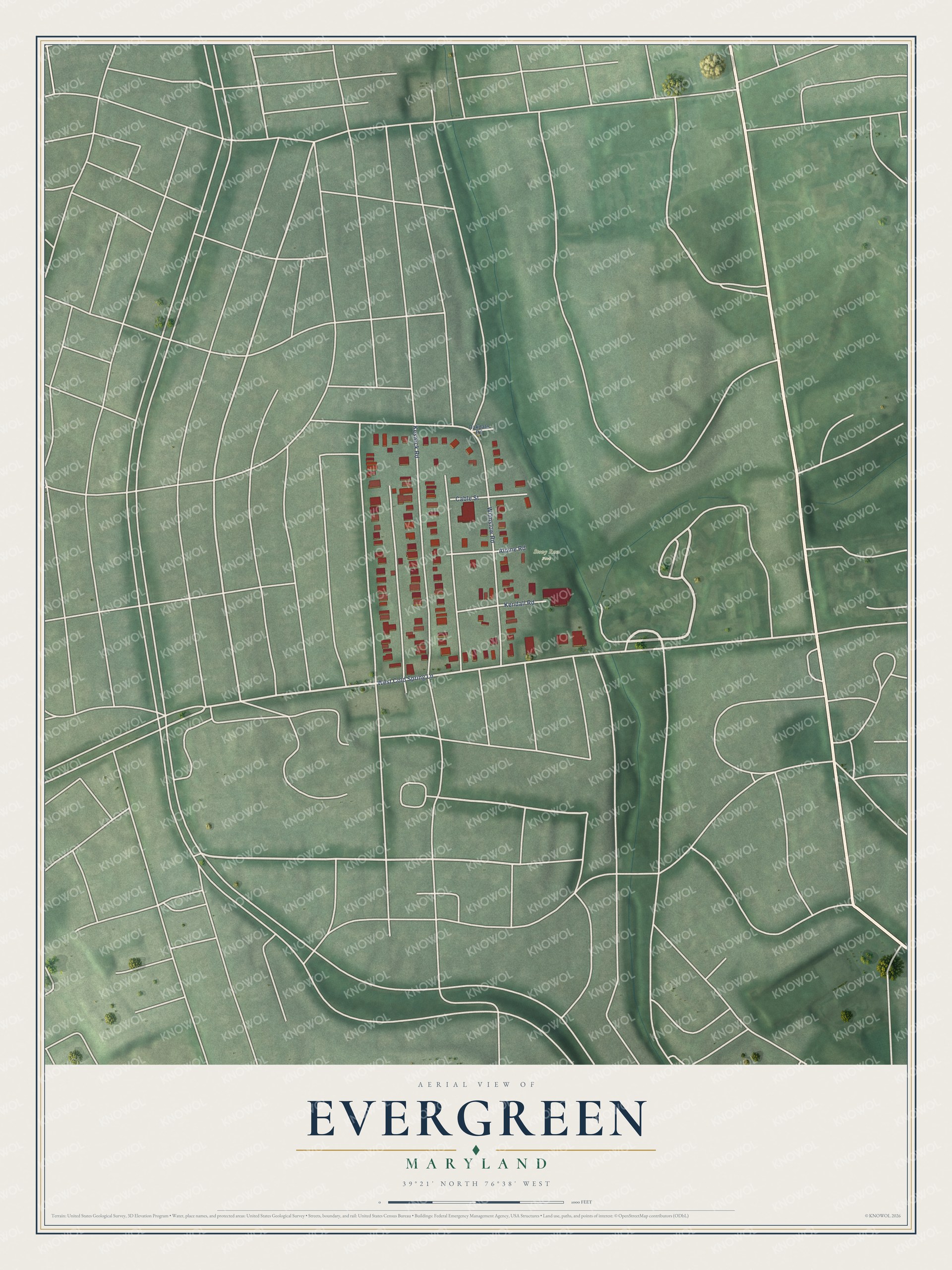 Full map of Evergreen, Maryland, with red buildings, printed street names and the land around them