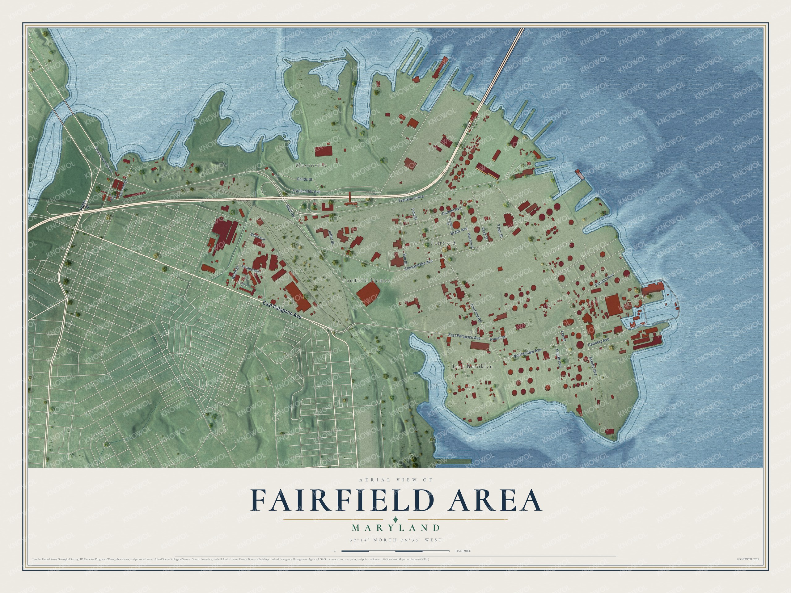 Full map of Fairfield Area, Maryland, with red buildings, printed street names and the land around them