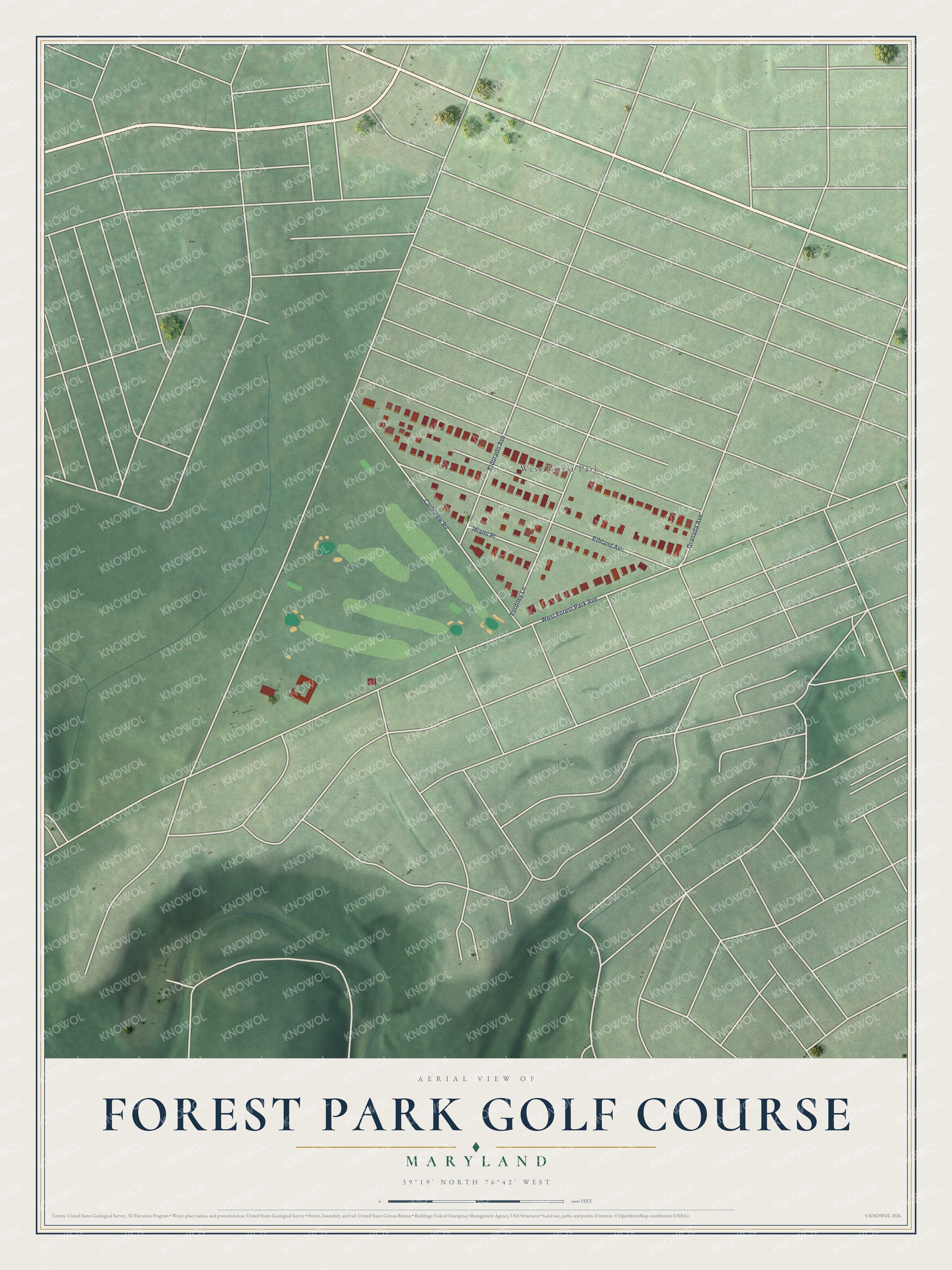 Full map of Forest Park Golf Course, Maryland, with red buildings, printed street names and the land around them