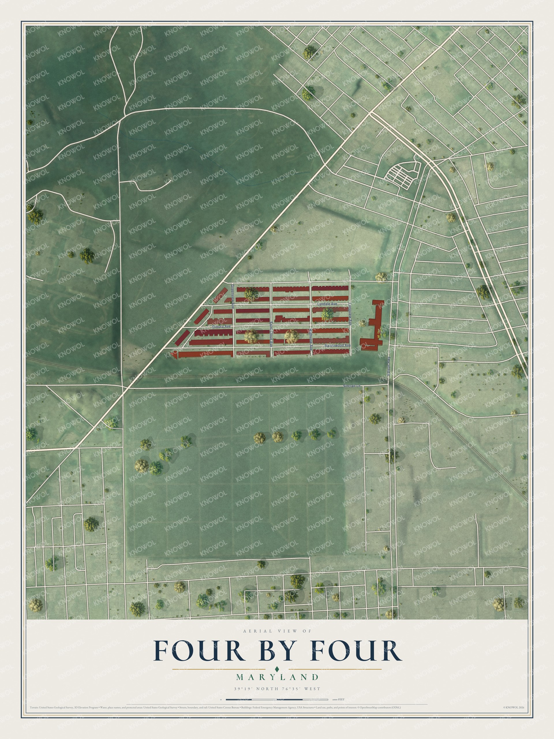 Full map of Four By Four, Maryland, with red buildings, printed street names and the land around them